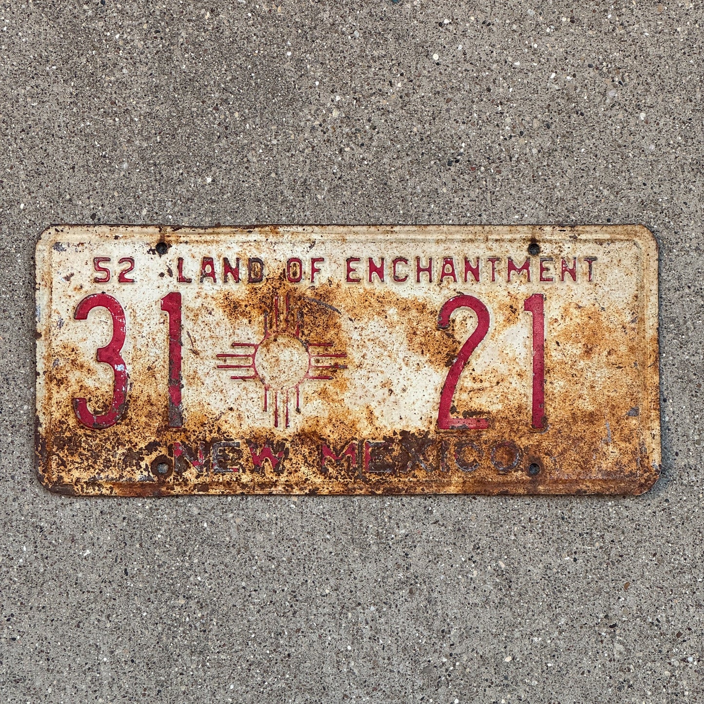 Photo of a 1952 New Mexico License Plate Auto Tag Garage Decor Vintage 31 21 with original patina