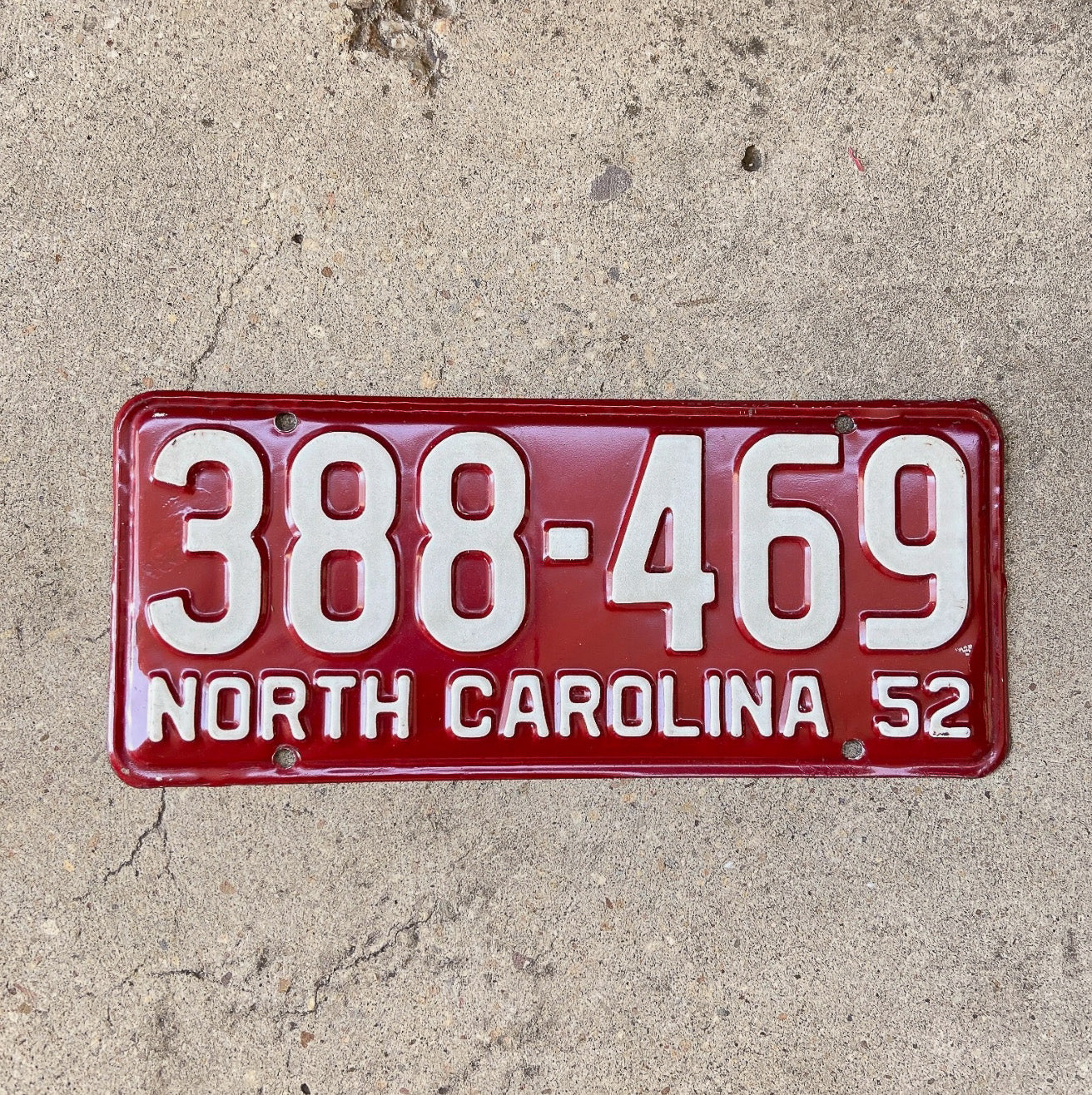 Photo of a 1952 North Carolina License Plate Auto Tag Garage Decor Vintage High Quality 388 469 with original patina