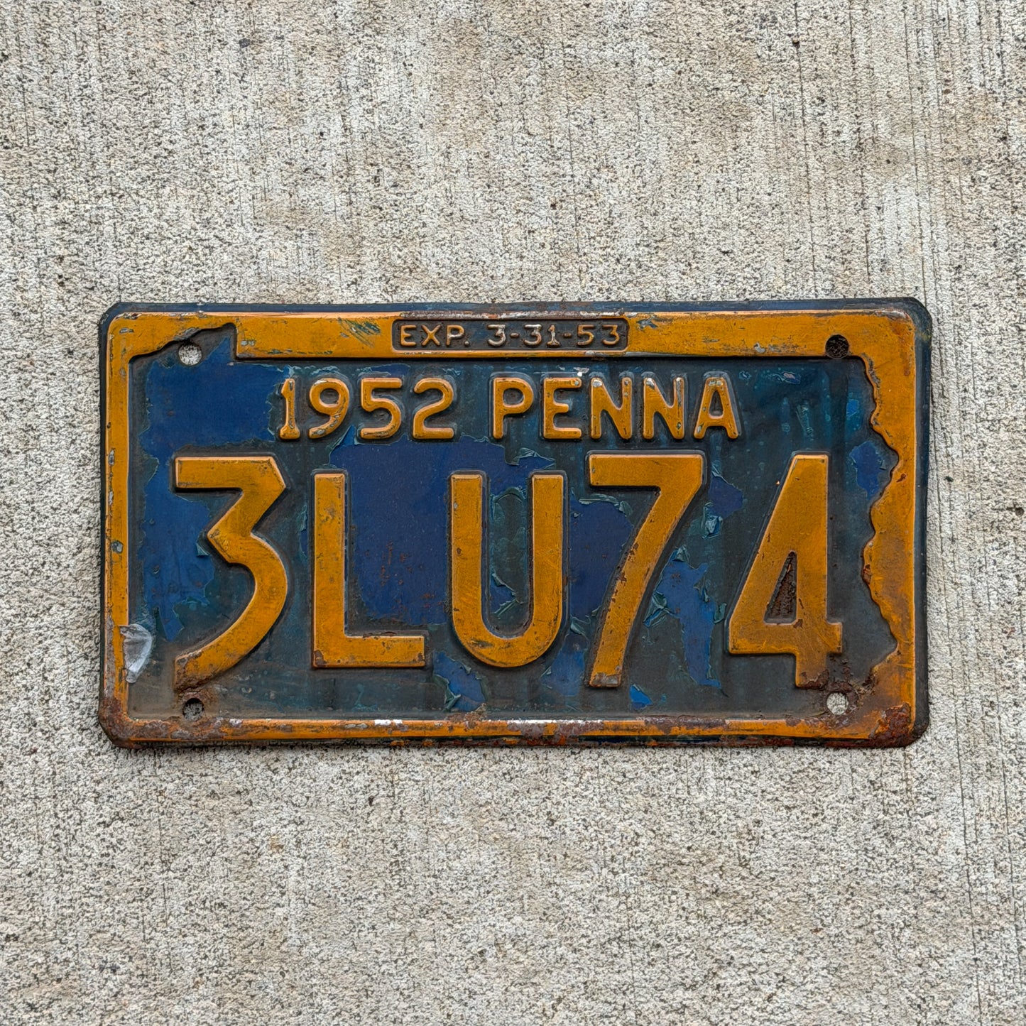 Photo of a 1952 Pennsylvania License Plate Auto Tag Garage Decor Vintage 3 LU 74 with original patina