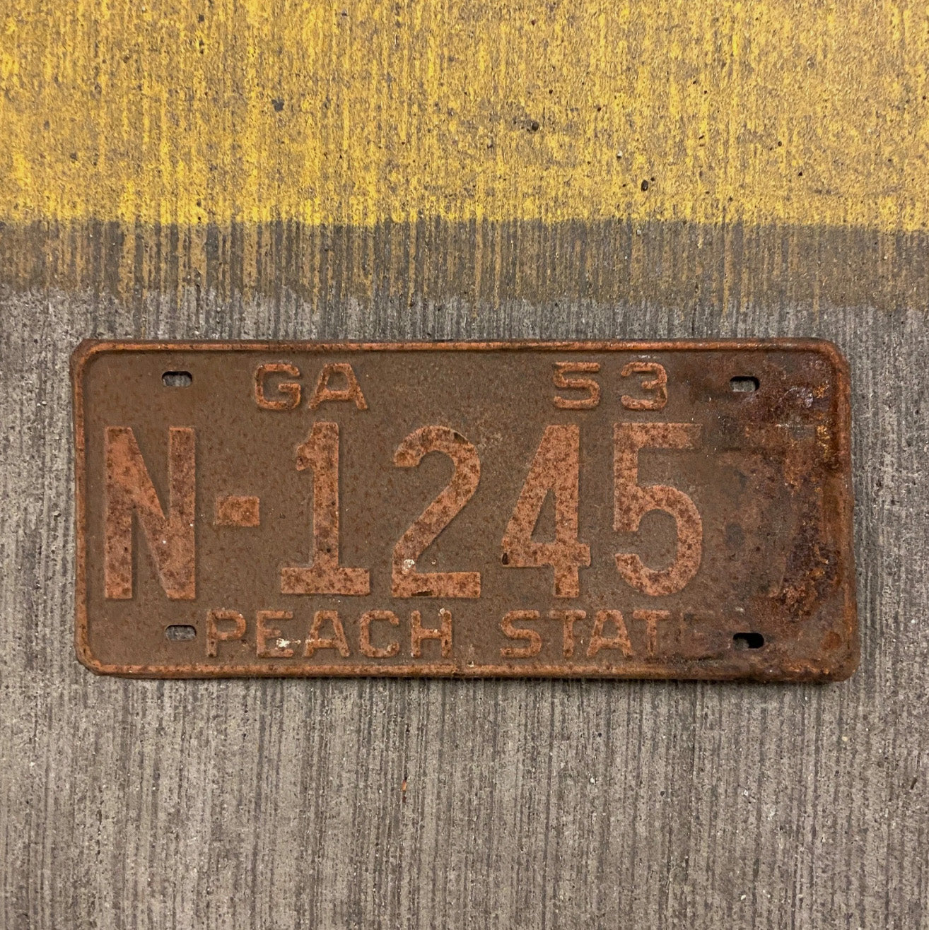 Photo of a 1953 Georgia License Plate Auto Tag Garage Decor Vintage N 12457 with original patina