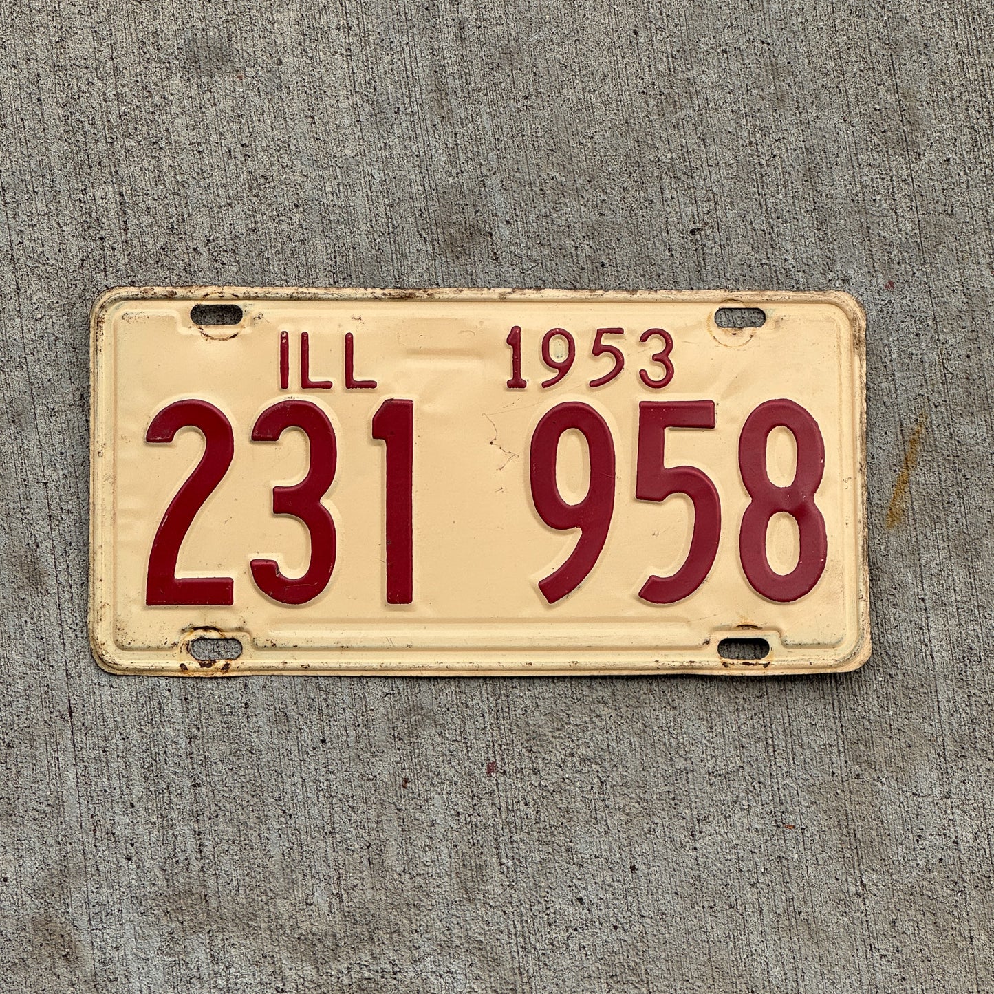 Photo of a 1953 Illinois License Plate Auto Tag Garage Decor Vintage 231 958 with original patina