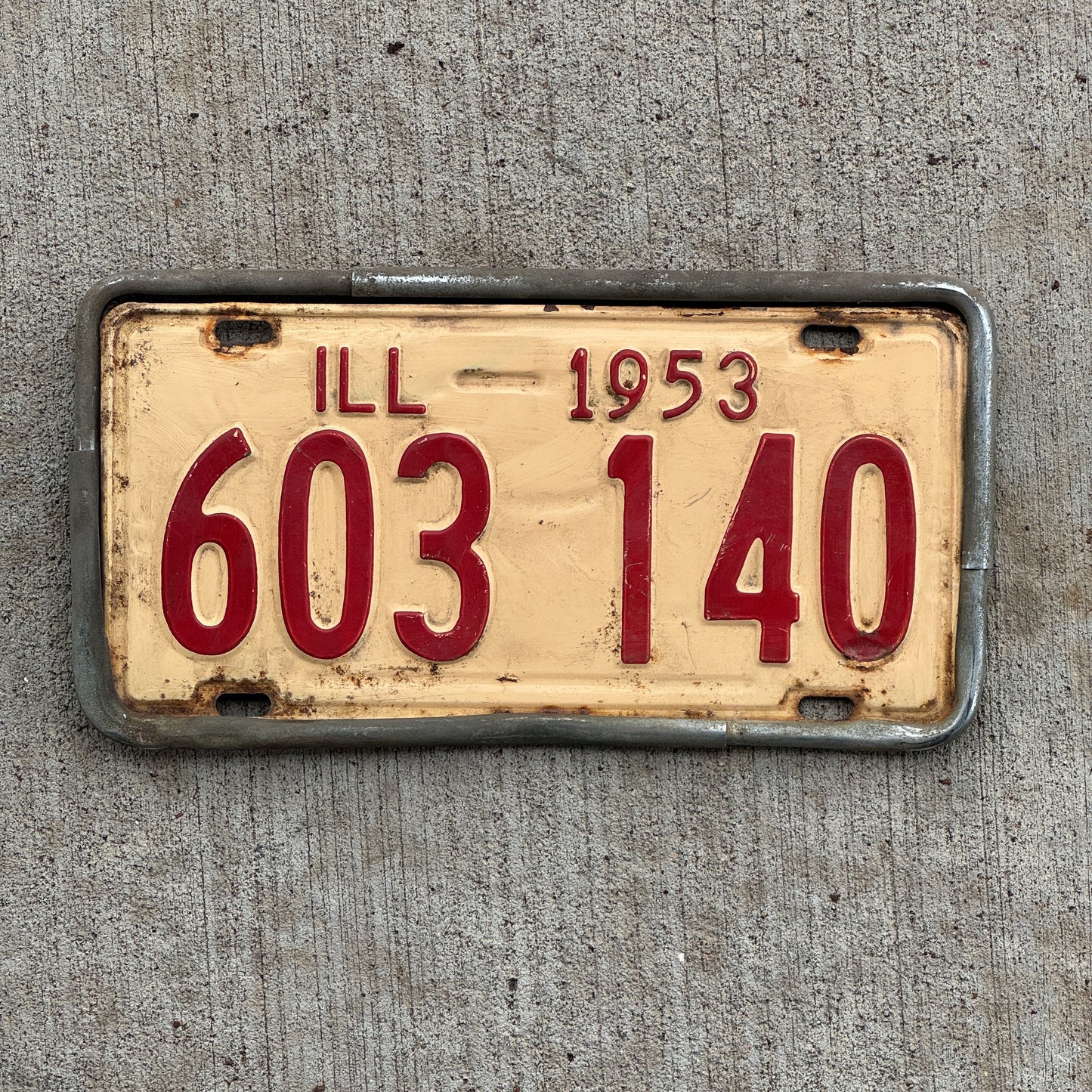 Photo of a 1953 Illinois License Plate Auto Tag Garage Decor Vintage 603 140 with original patina