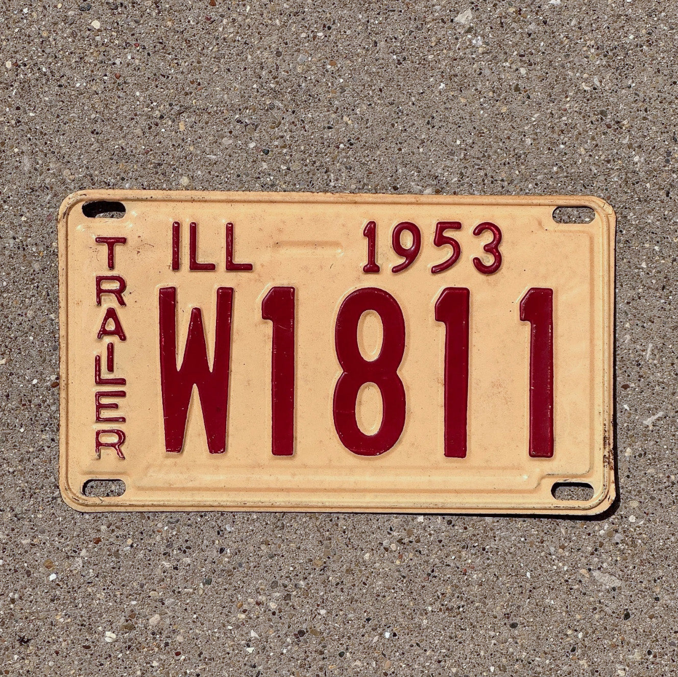 Photo of a 1953 Illinois Trailer License Plate Auto Tag Garage Decor Vintage W 1811 with original patina