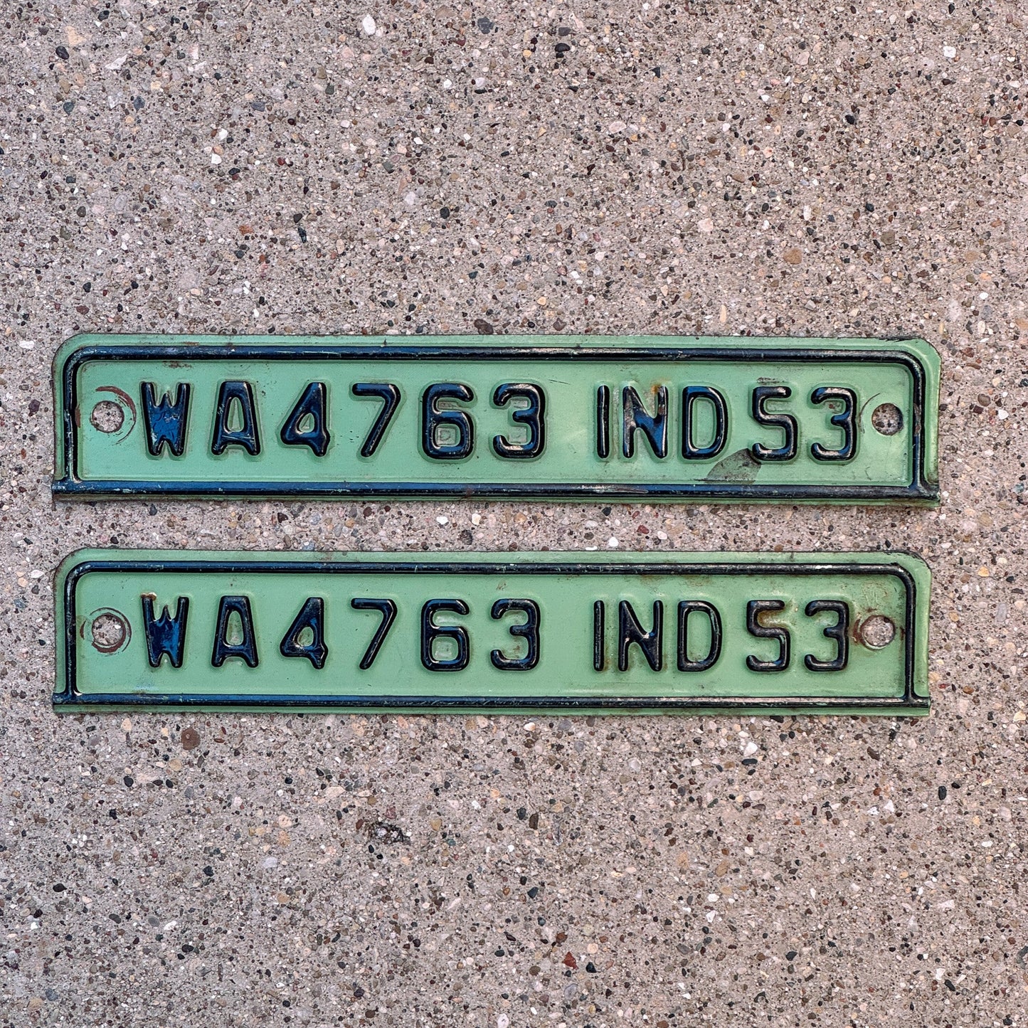 Photo of a 1953 Indiana Tab License Plate Pair Auto Tag Garage Decor Vintage WA 4763 with original patina