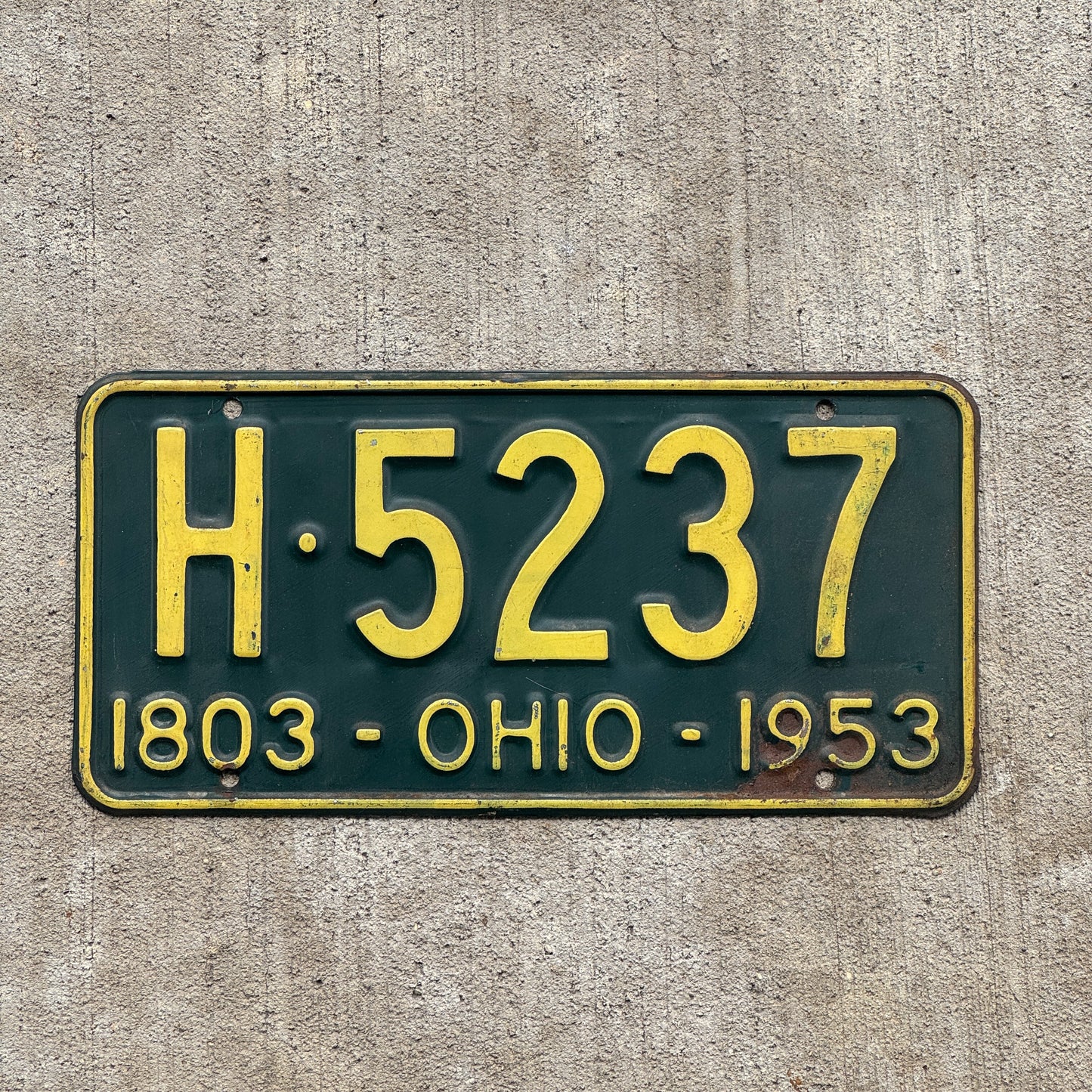 Photo of a 1953 Ohio License Plate Auto Tag Garage Decor Vintage H 5237 with original patina