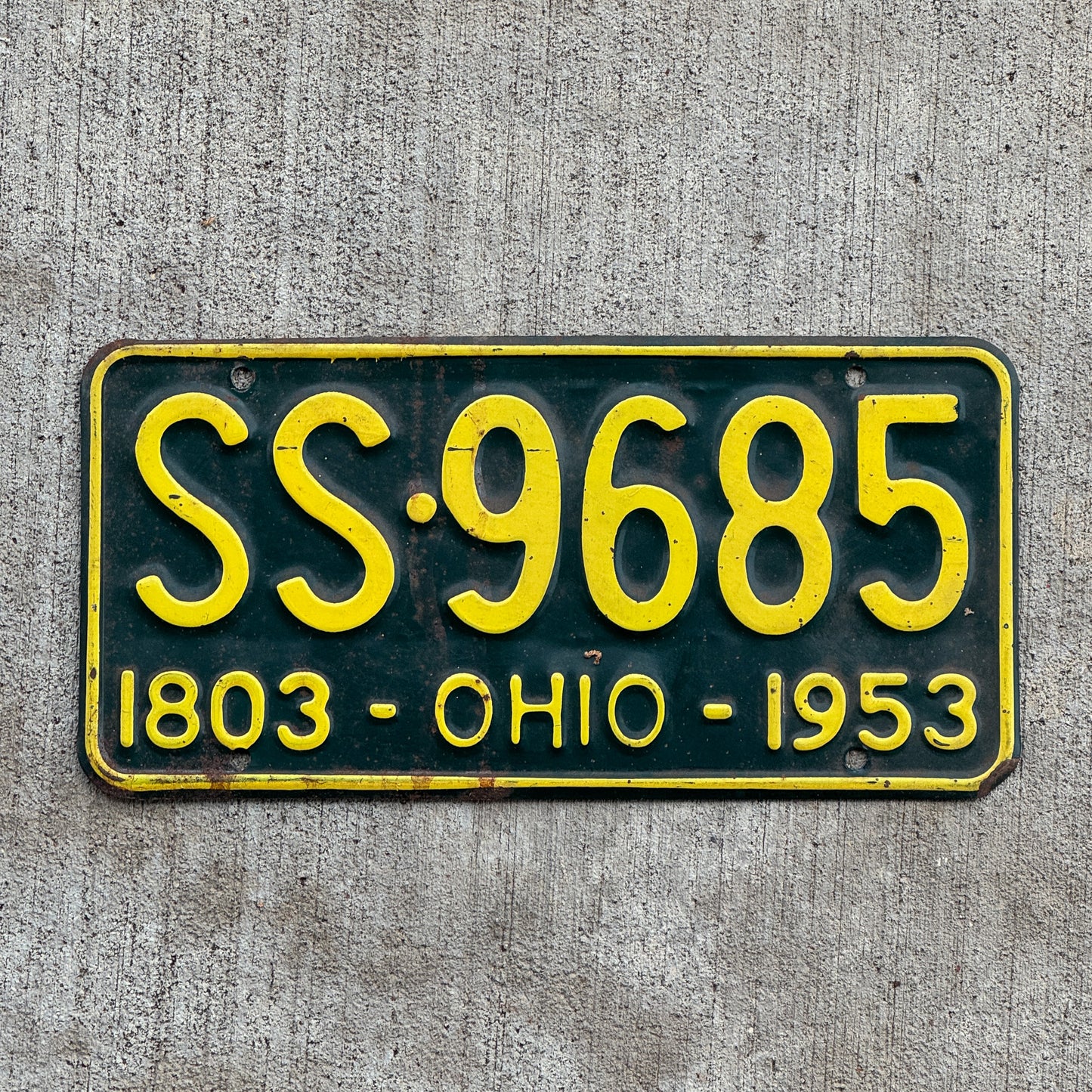 Photo of a 1953 Ohio License Plate Auto Tag Garage Decor Vintage SS 9685 with original patina