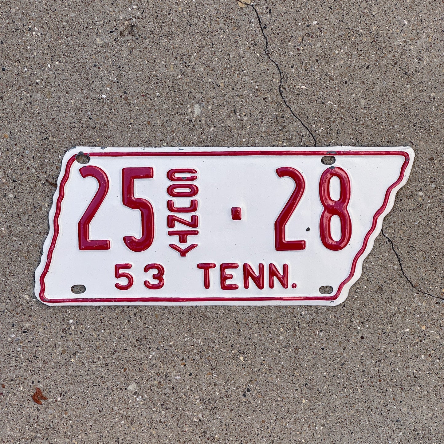 Photo of a 1953 Tennessee County License Plate Auto Tag Garage Decor Vintage State Shape 25 28