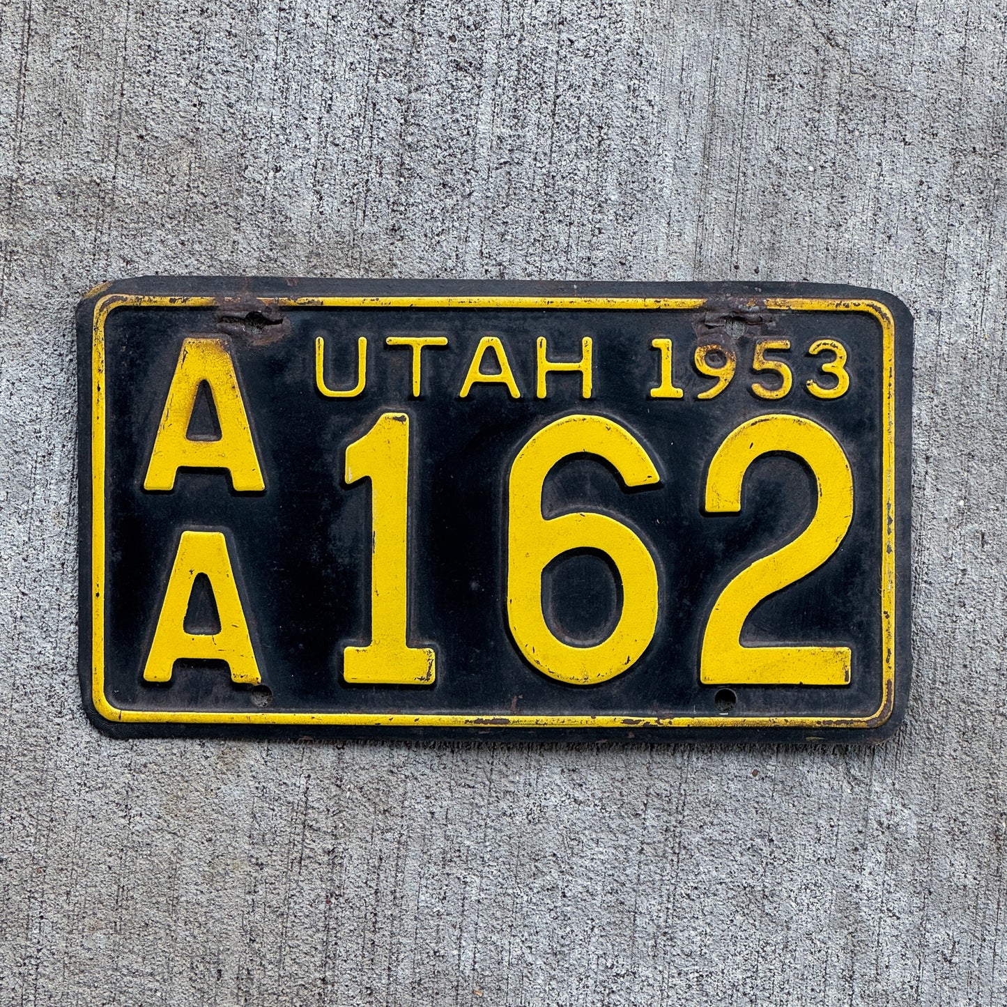 Photo of a 1953 Utah License Plate Auto Tag Garage Decor Vintage Low Number Three Digit AA 162 with original patina