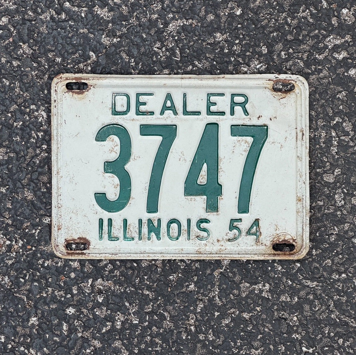 Photo of a 1954 Illinois Dealer License Plate Auto Tag Garage Decor Vintage 3747 with original patina