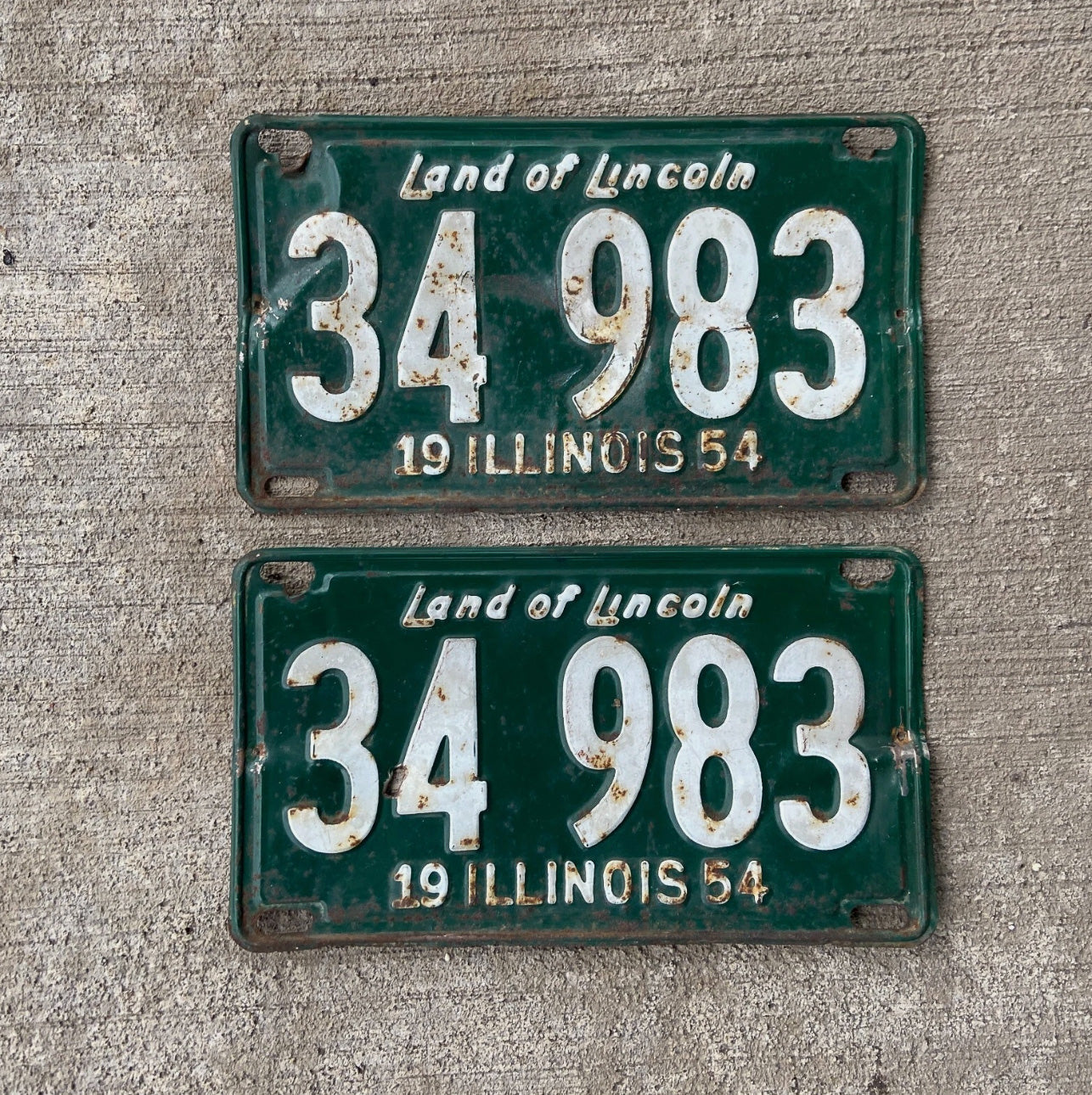 Photo of a 1954 Illinois License Plate Pair Auto Tag Garage Decor Vintage 34983 with original patina
