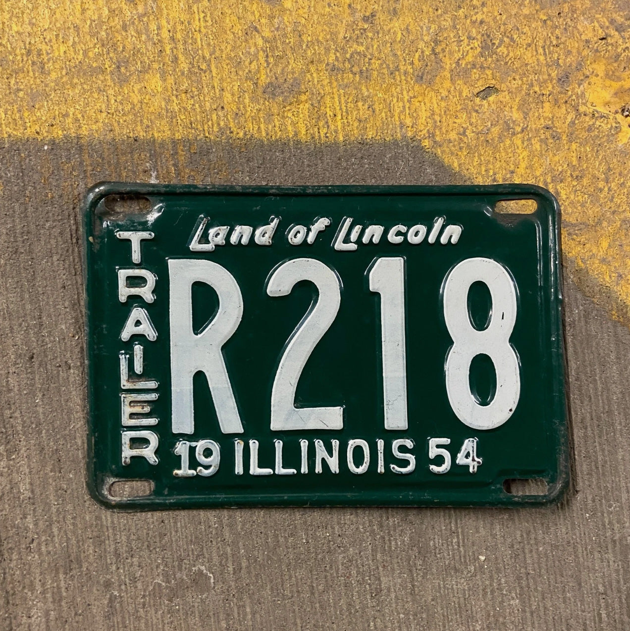 Photo of a 1954 Illinois Trailer License Plate Auto Tag Garage Decor Vintage R 218 with original patina