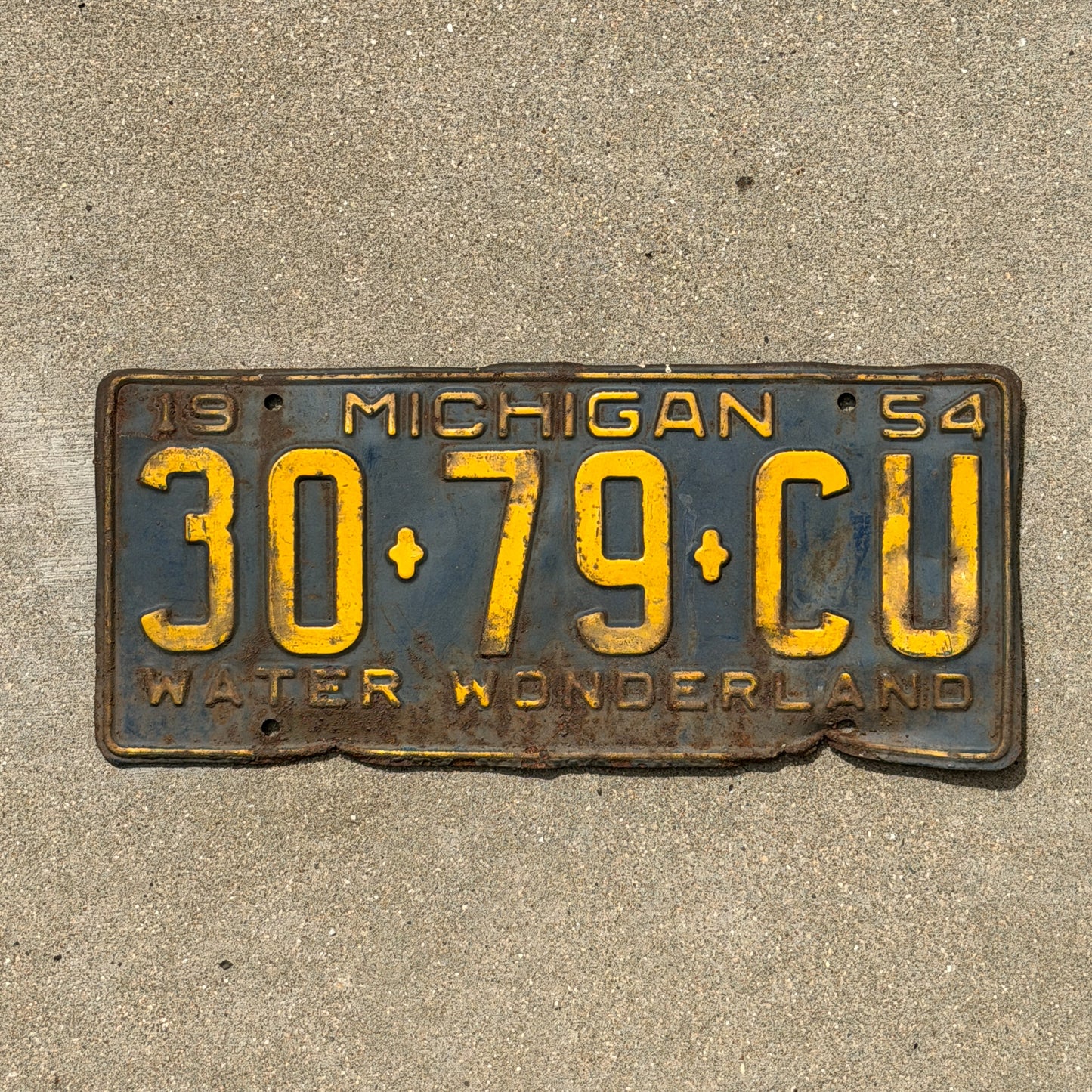 Photo of a 1954 Michigan Commercial License Plate Auto Tag Garage Decor Vintage 30 79 CU with original patina