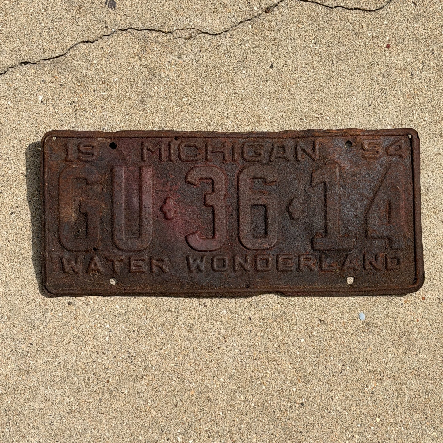Photo of a 1954 Michigan License Plate Auto Tag Garage Decor Vintage GU 36 14 with original patina