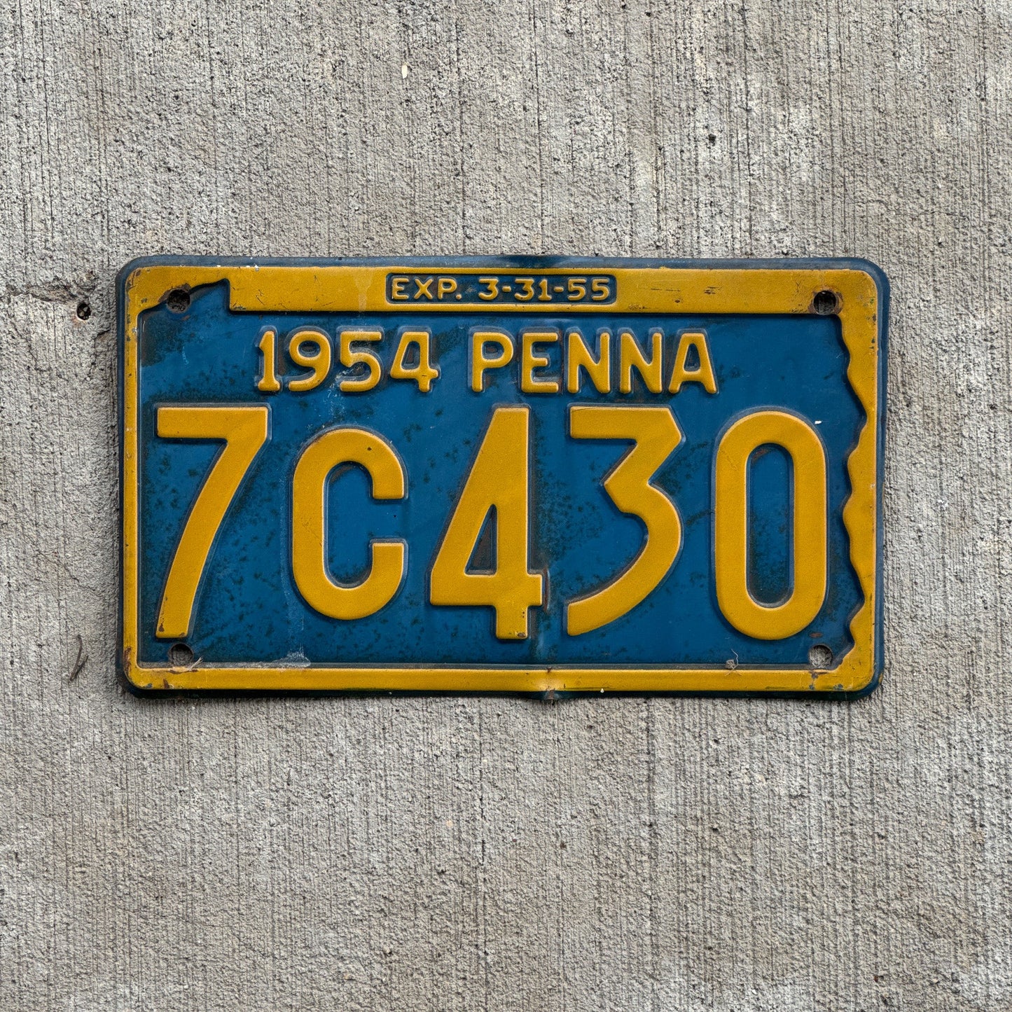 Photo of a 1954 Pennsylvania License Plate Auto Tag Garage Decor Vintage 7C430 with original patina