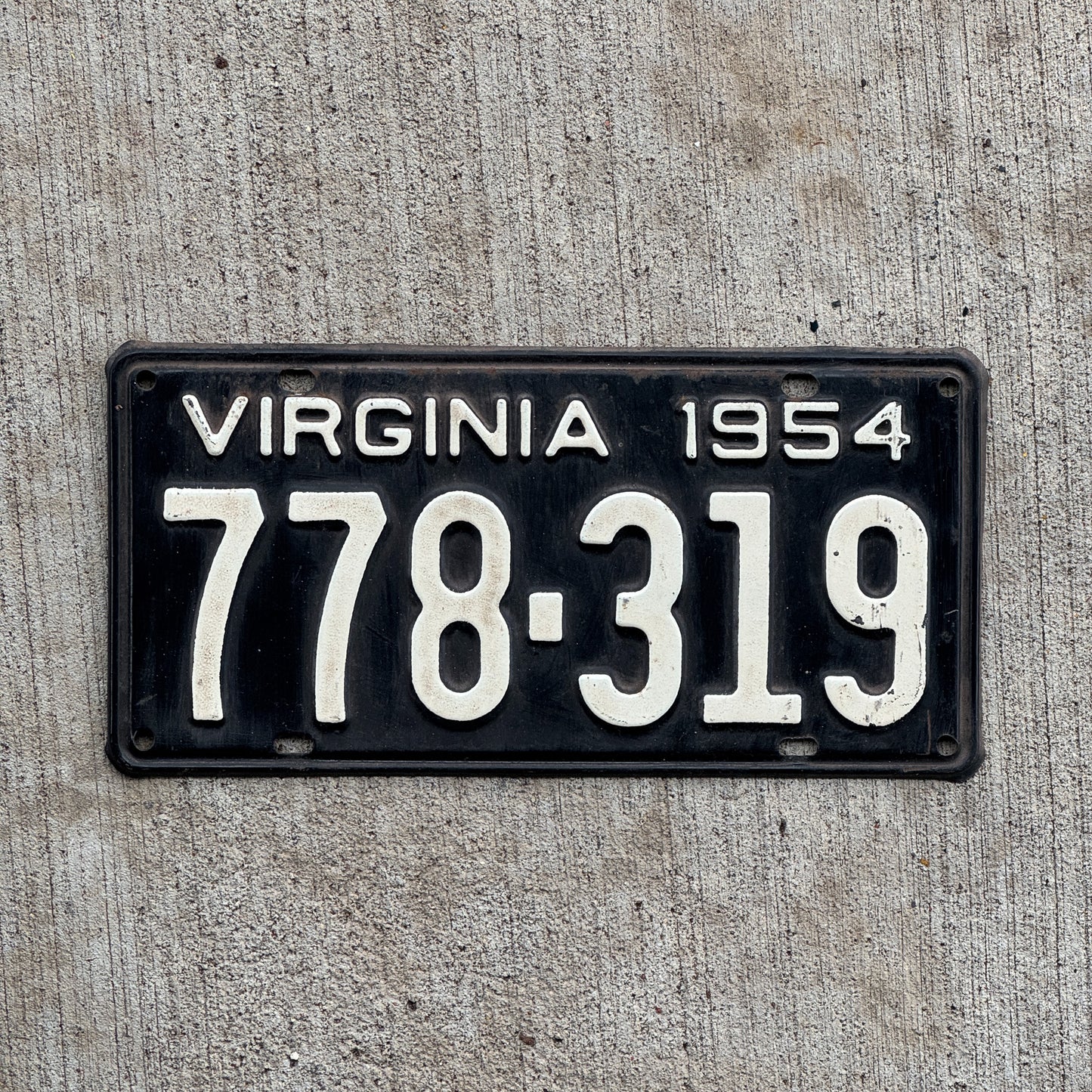 Photo of a 1954 Virginia License Plate Auto Tag Garage Decor Vintage 778 319 with original patina