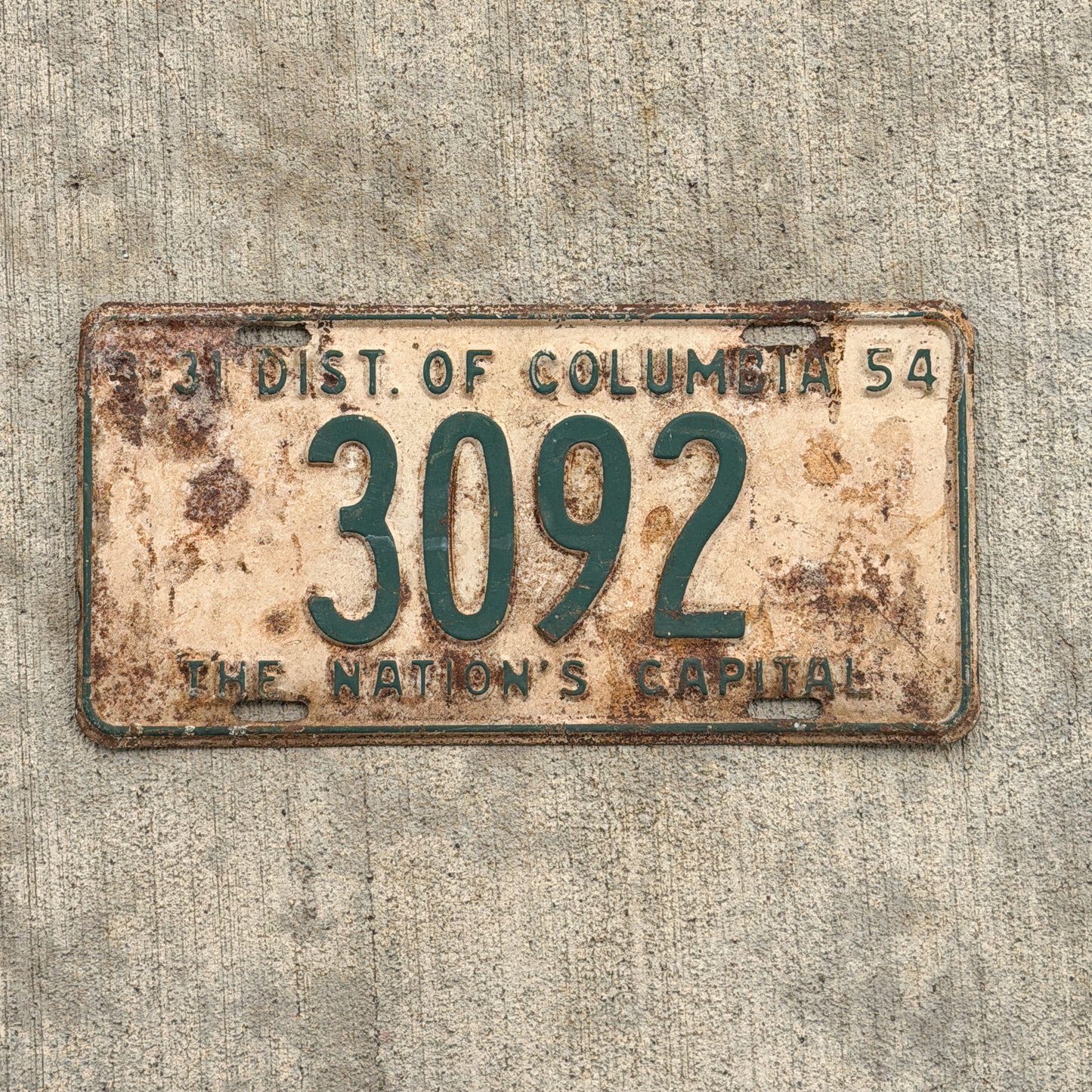 Photo of a 1954 Washington DC License Plate Auto Tag 2 Vintage Garage Low Number Four Digit 3092 with original patina