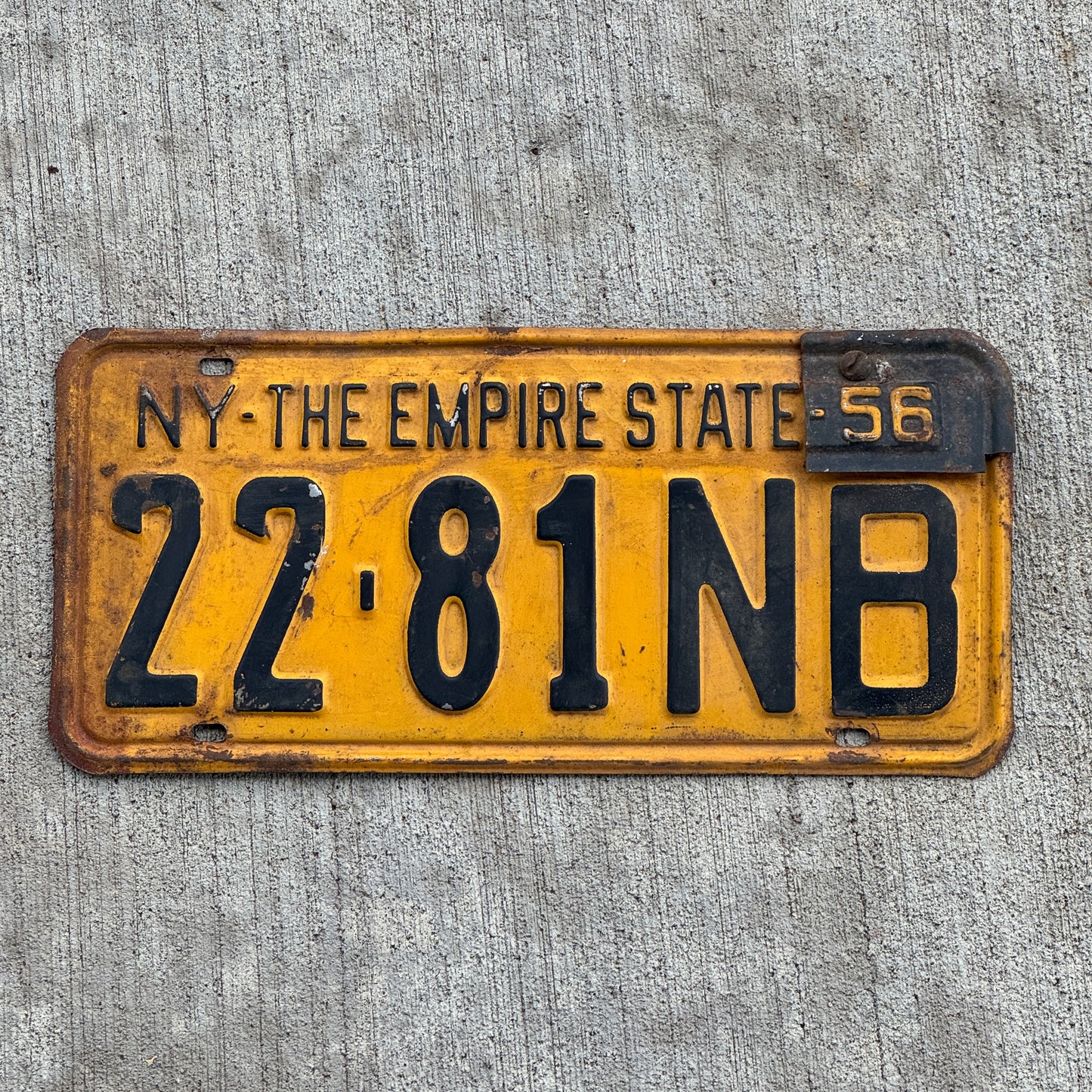 Photo of a 1955 1956 New York License Plate Auto Tag Garage Decor Vintage Single Plate Year 22 81 NB with original patina
