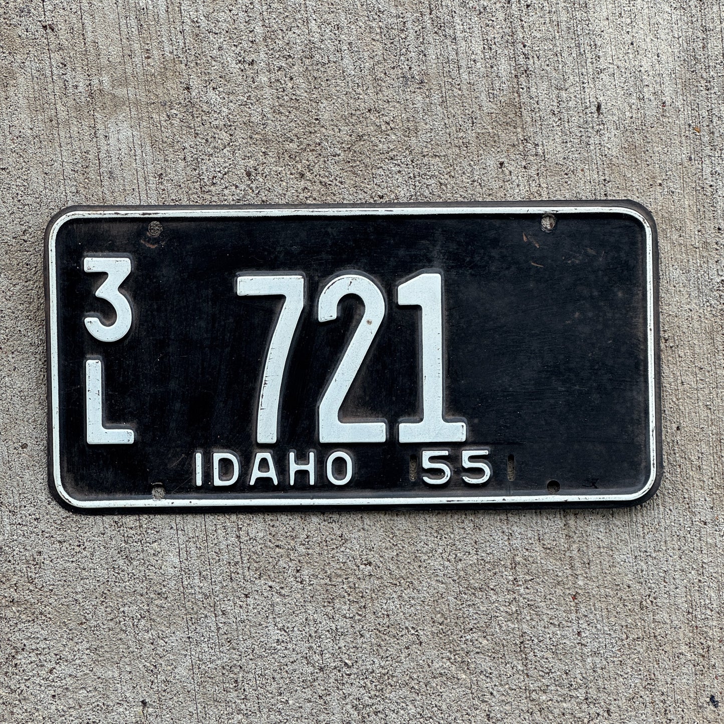 Photo of a 1955 Idaho License Plate Auto Tag Garage Decor Vintage Lewis County 3L 721 with original patina