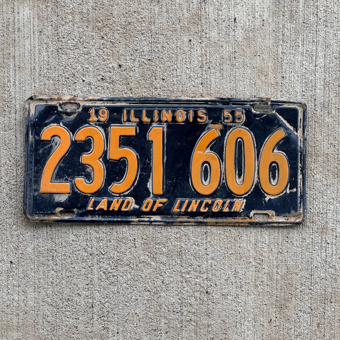 Photo of a 1955 Illinois License Plate Auto Tag Garage Decor Vintage Orange Blue 2 351 606 with original patina