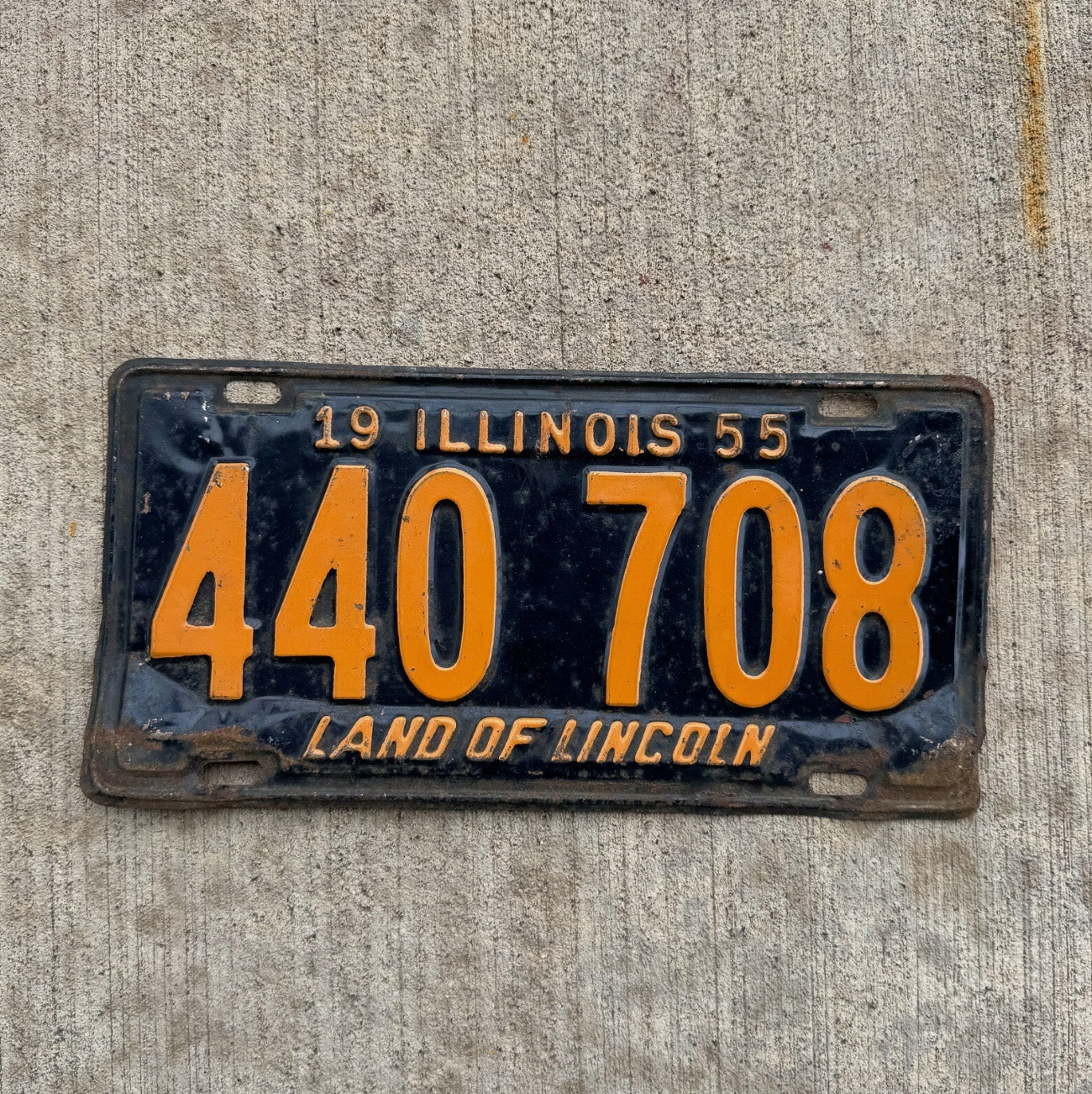 Photo of a 1955 Illinois License Plate Auto Tag Garage Decor Vintage Orange Blue 440 708