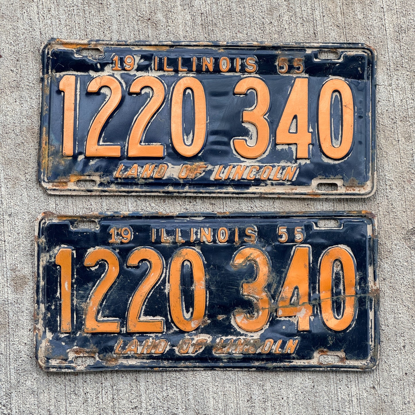 Photo of a 1955 Illinois License Plate Pair Auto Tag Garage Decor Vintage Orange Blue 1 220 340 with original patina