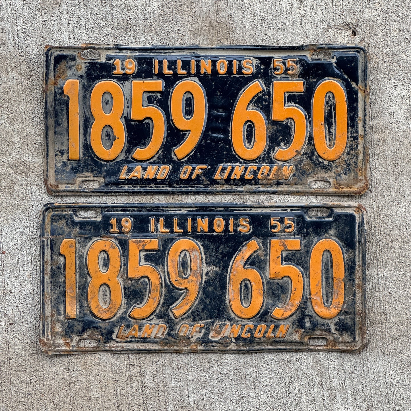 Photo of a 1955 Illinois License Plate Pair Auto Tag Garage Decor Vintage Orange Blue 1 859 650 with original patina