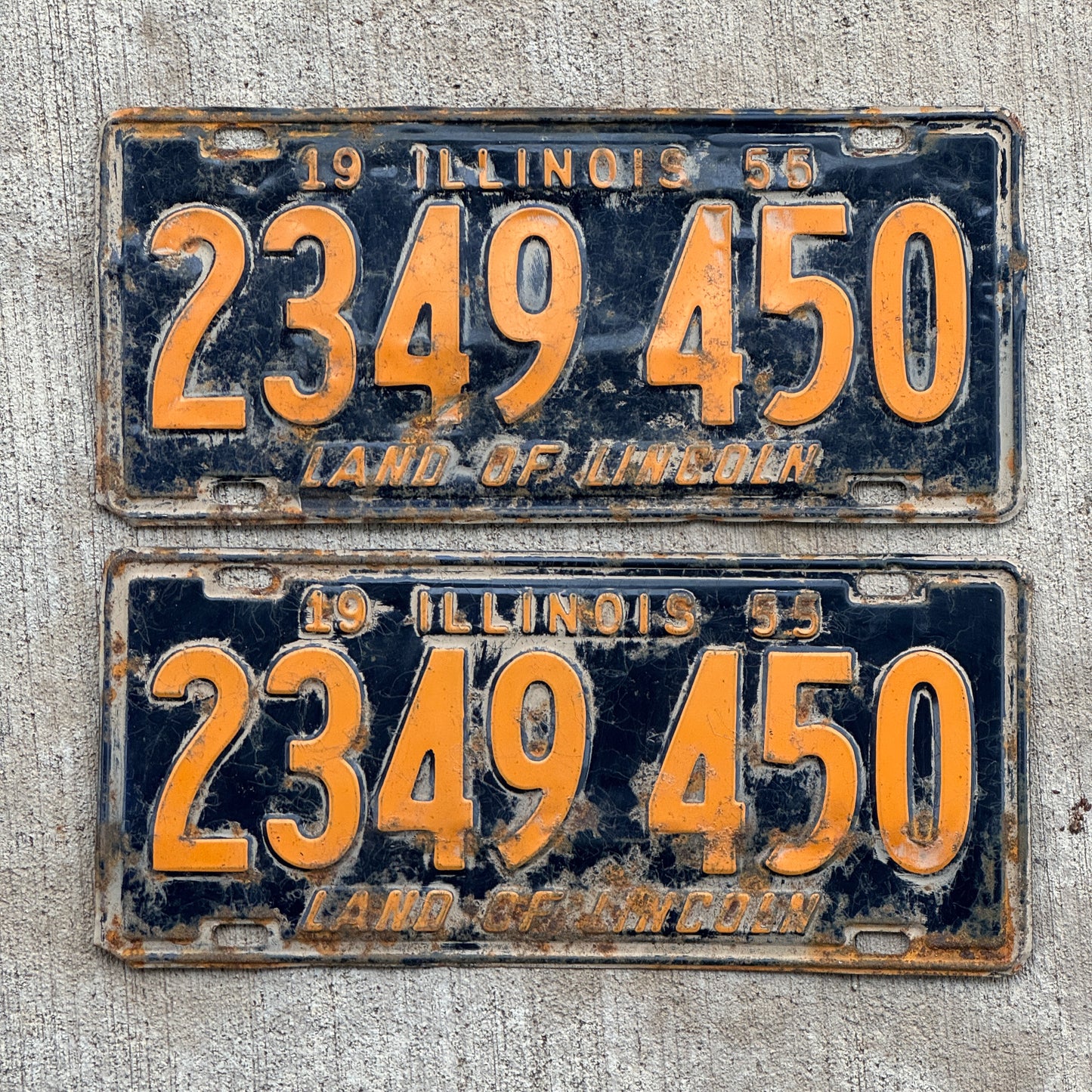 Photo of a 1955 Illinois License Plate Pair Auto Tag Garage Decor Vintage Orange Blue 2 349 450 with original patina