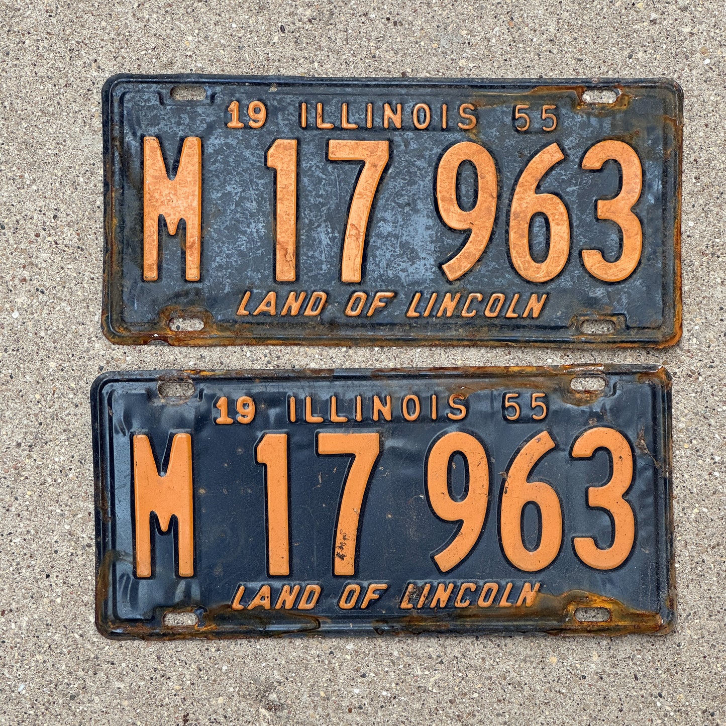 Photo of a 1955 Illinois Municipal License Plate Pair Auto Tag Garage Decor Vintage Orange Blue M 17 963 with original patina