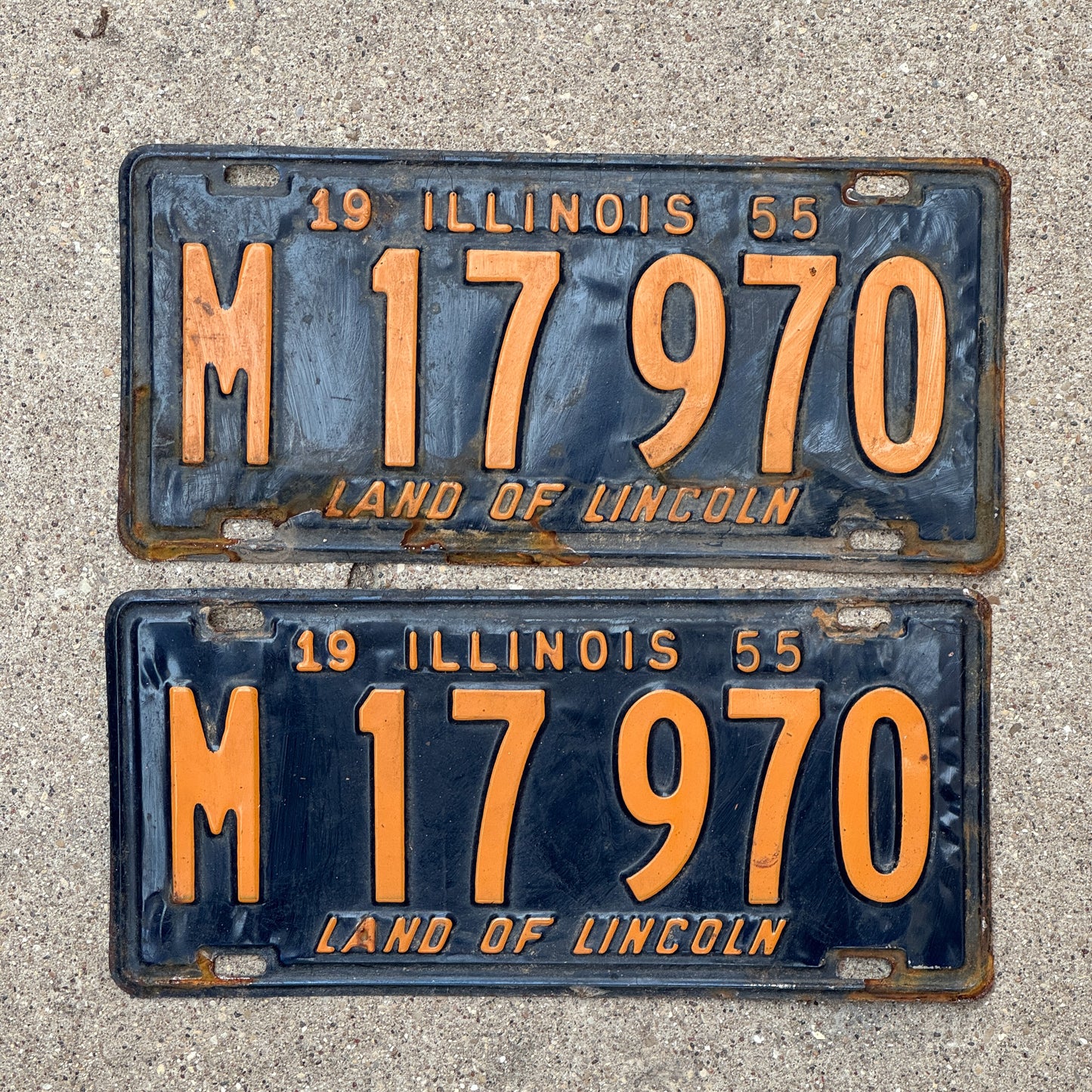Photo of a 1955 Illinois Municipal License Plate Pair Auto Tag Garage Decor Vintage Orange Blue M 17 970 with original patina