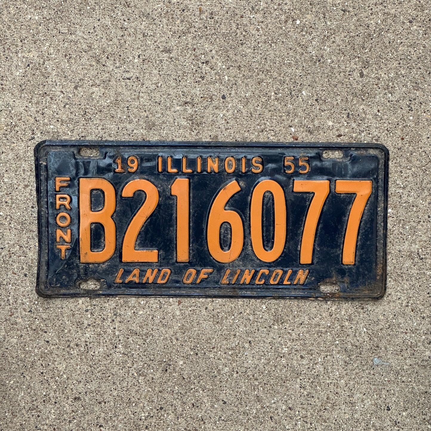 Photo of a 1955 Illinois Truck License Plate Auto Tag 2 Vintage Garage Front Plate Orange Blue B 216 077 with original patina