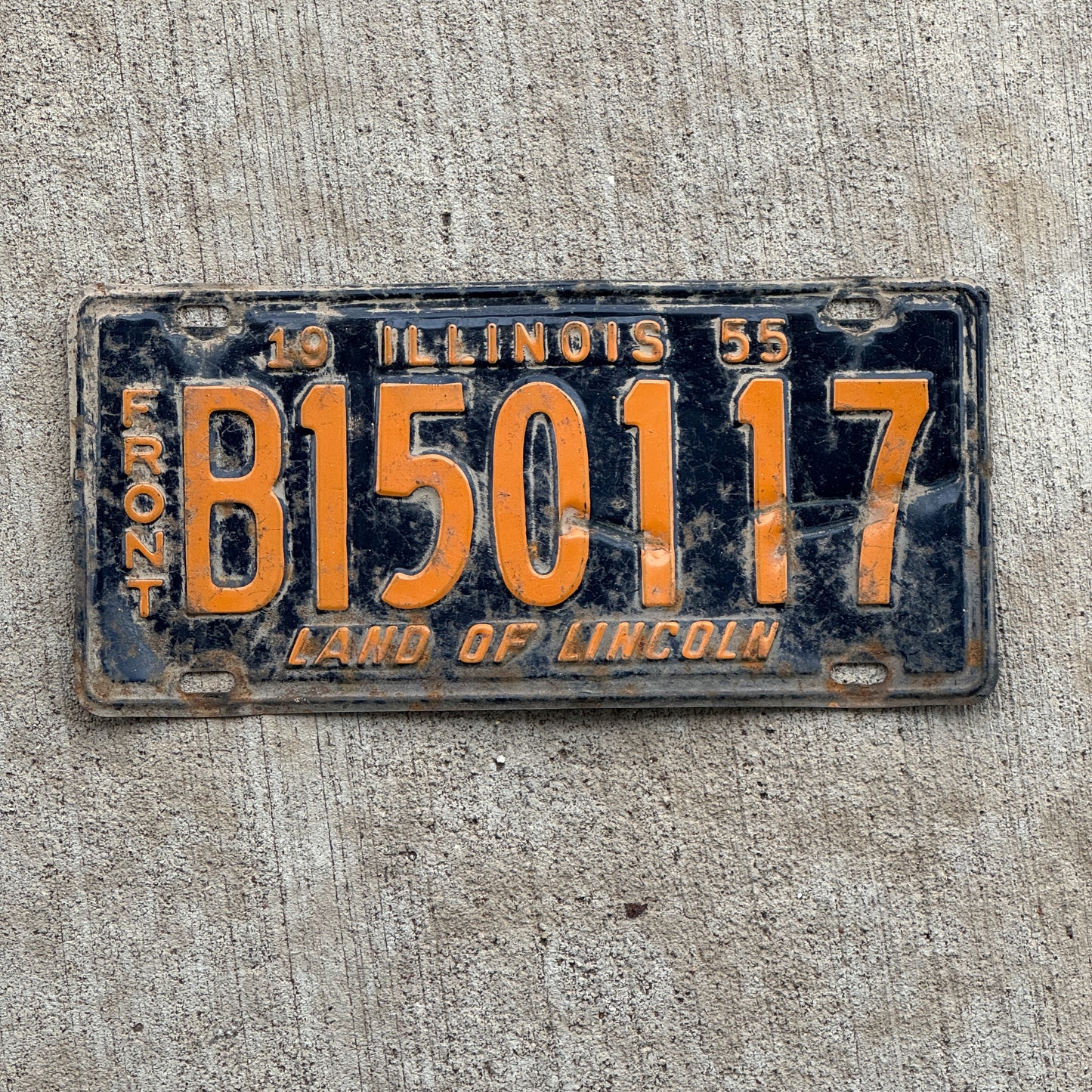 Photo of a 1955 Illinois Truck License Plate Auto Tag Garage Decor Vintage Front Plate Orange Blue B 150 117 with original patina