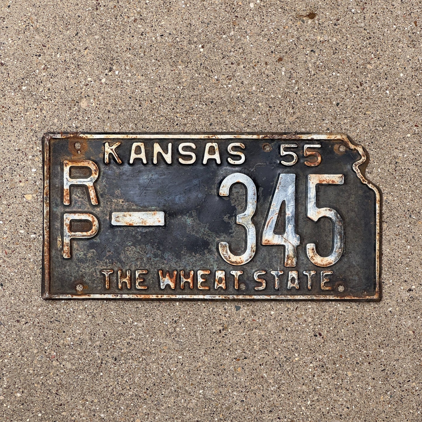 Photo of a 1955 Kansas License Plate Auto Tag Garage Decor Vintage State Shape RP 345