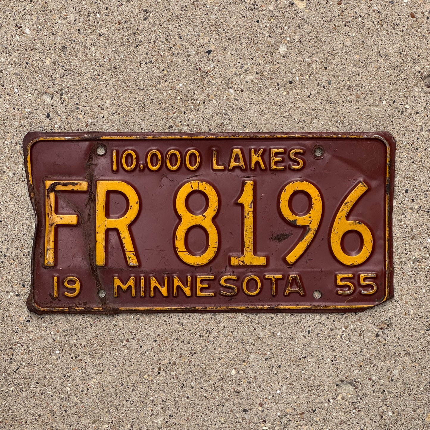 Photo of a 1955 Minnesota License Plate Auto Tag Garage Decor Vintage FR 8196 with original patina