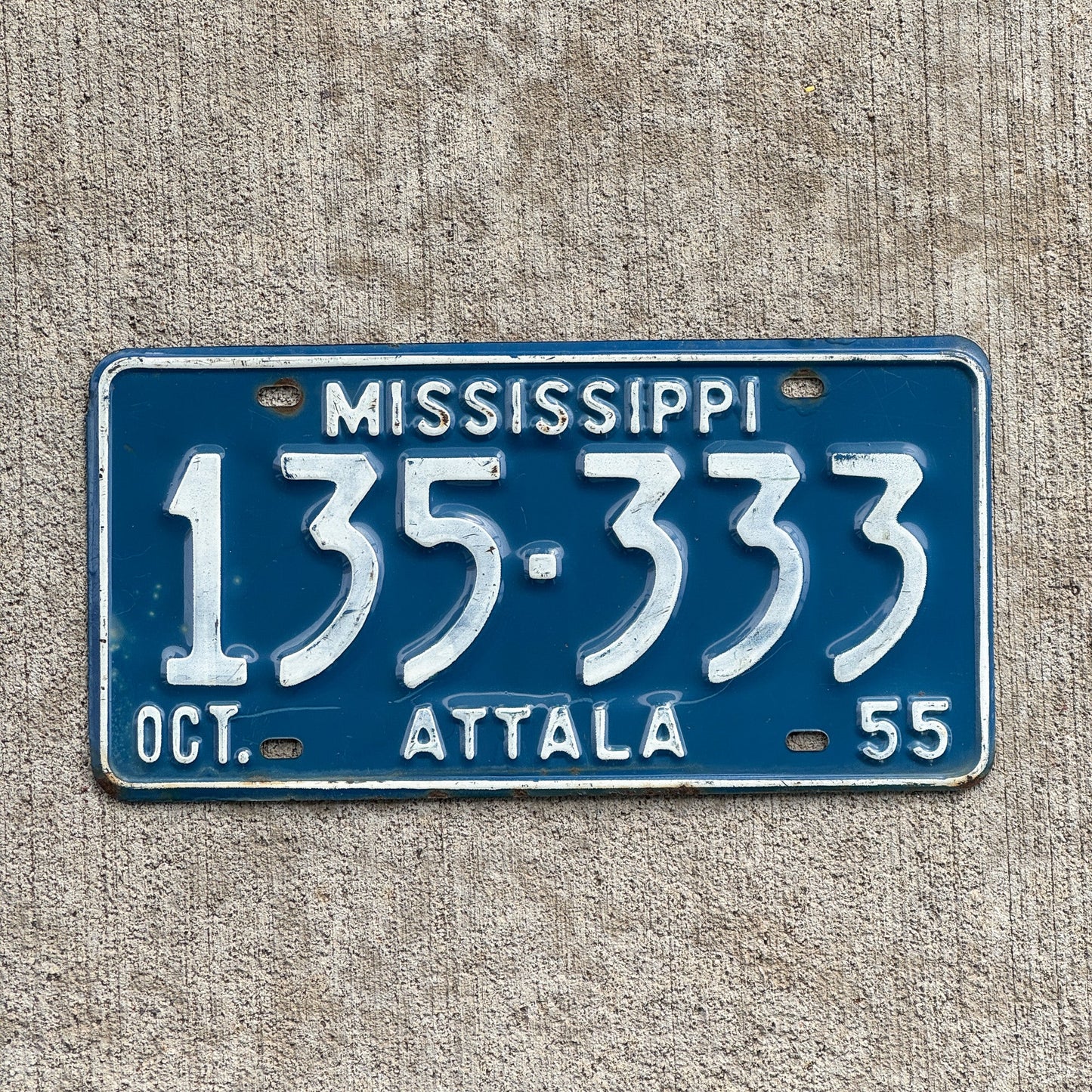 Photo of a 1955 Mississippi License Plate Auto Tag Garage Decor Vintage Repeat Repeating 135 333 with original patina