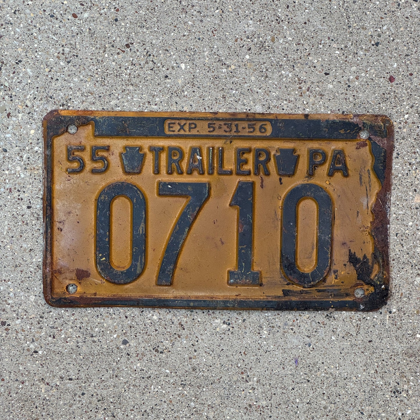 Photo of a 1955 Pennsylvania Trailer License Plate Auto Tag Garage Decor Vintage Low Number 3 Digit 0710