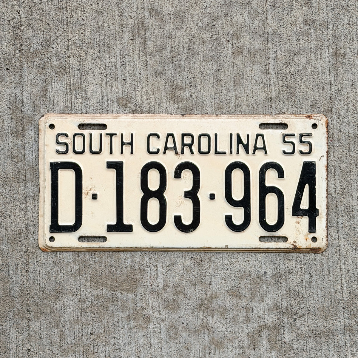 Photo of a 1955 South Carolina License Plate Auto Tag Garage Decor Vintage Nice Quality D 183 964 with original patina