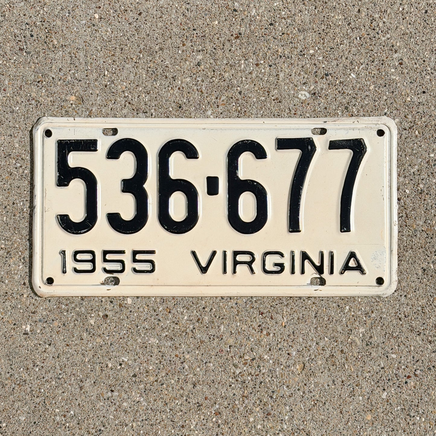 Photo of a 1955 Virginia License Plate Auto Tag Garage Decor Vintage 536 677 with original patina