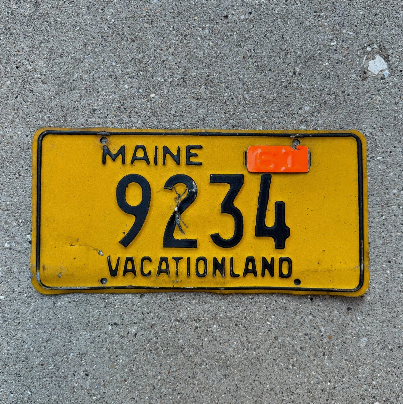 Photo of a 1956 1961 Maine License Plate Auto Tag Garage Decor Vintage Low Number Four Digit 9234 with original patina