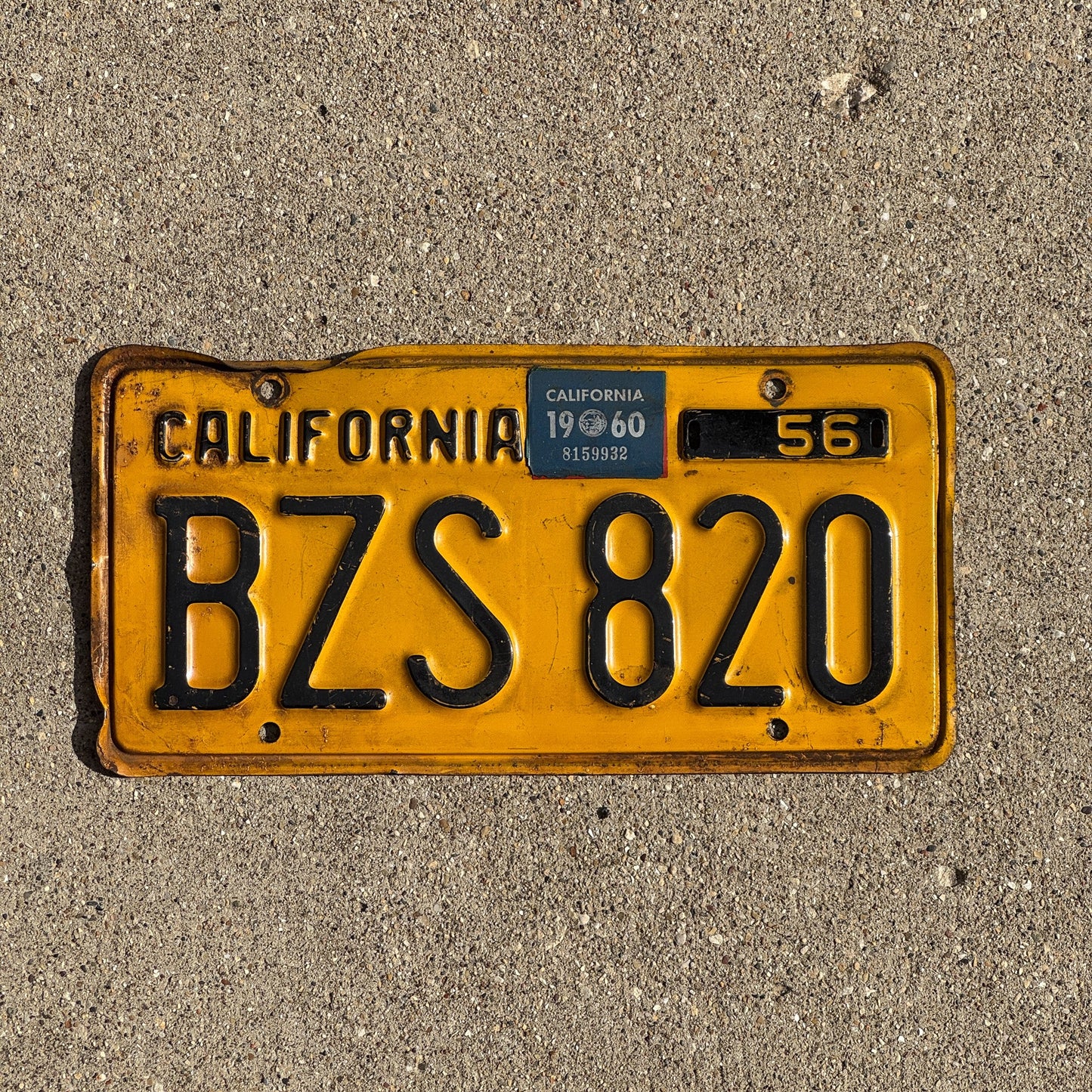 Photo of a 1956 California License Plate Auto Tag Garage Decor Vintage BZS 820