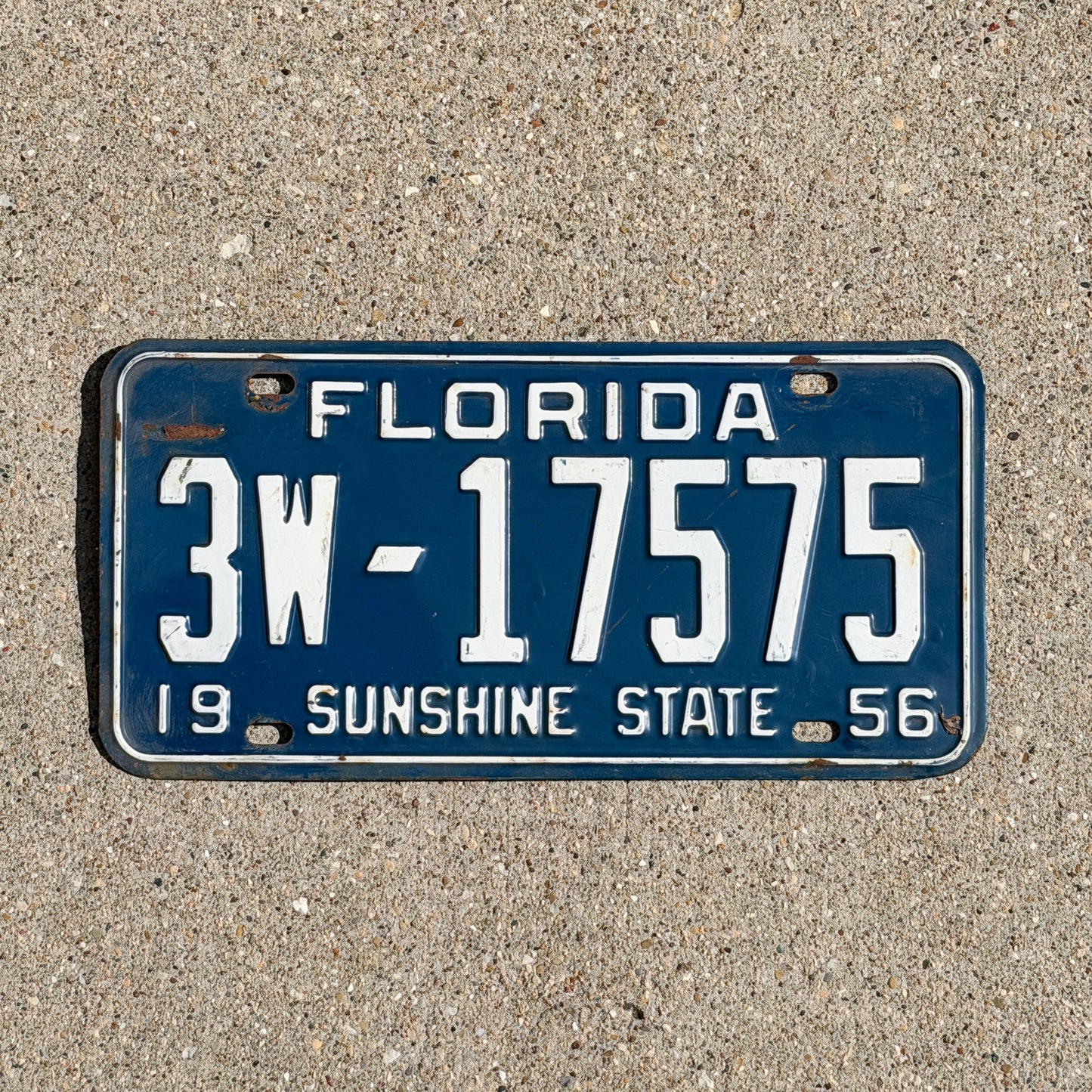 Photo of a 1956 Florida License Plate Auto Tag Garage Decor Vintage 3W 17575 with original patina