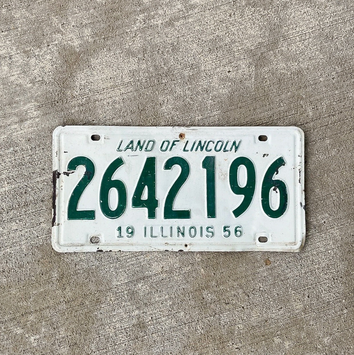 Photo of a 1956 Illinois License Plate Auto Tag Garage Decor Vintage 2642 196 with original patina