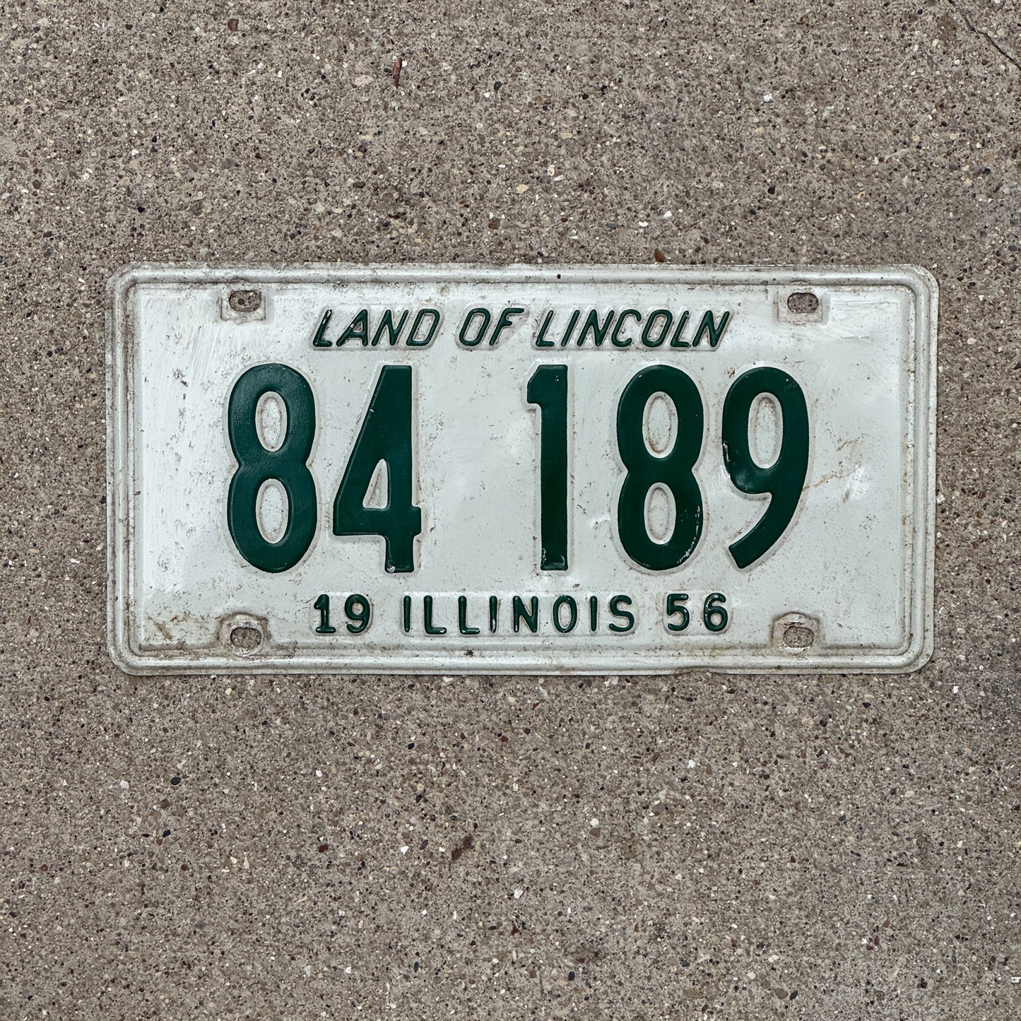 Photo of a 1956 Illinois License Plate Auto Tag Garage Decor Vintage 84 189 with original patina