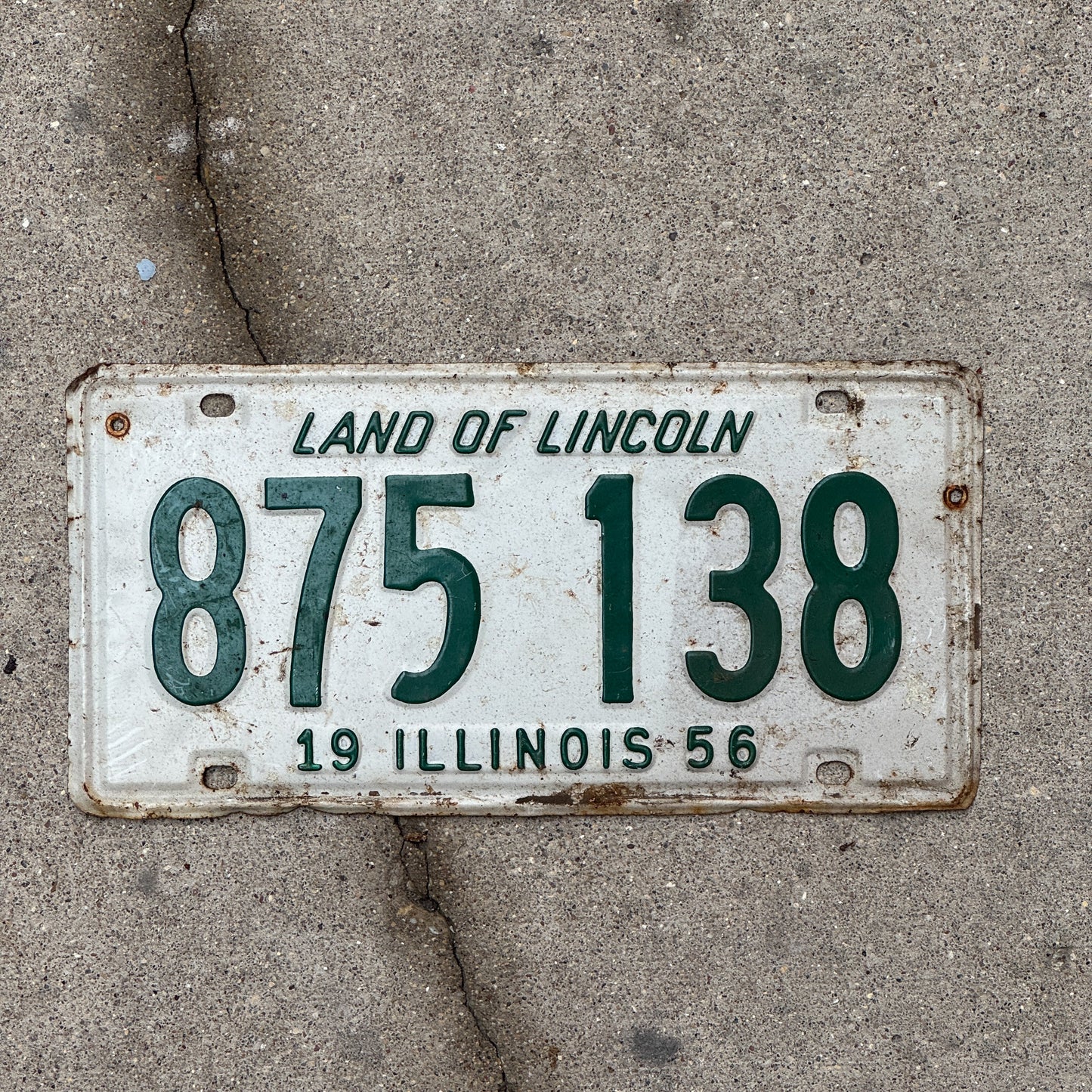 Photo of a 1956 Illinois License Plate Auto Tag Garage Decor Vintage 875 138 with original patina