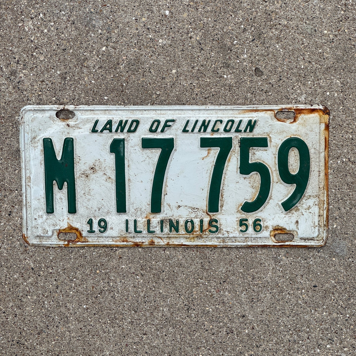 Photo of a 1956 Illinois Municipal License Plate Auto Tag 1 Vintage Garage M 17 759 with original patina