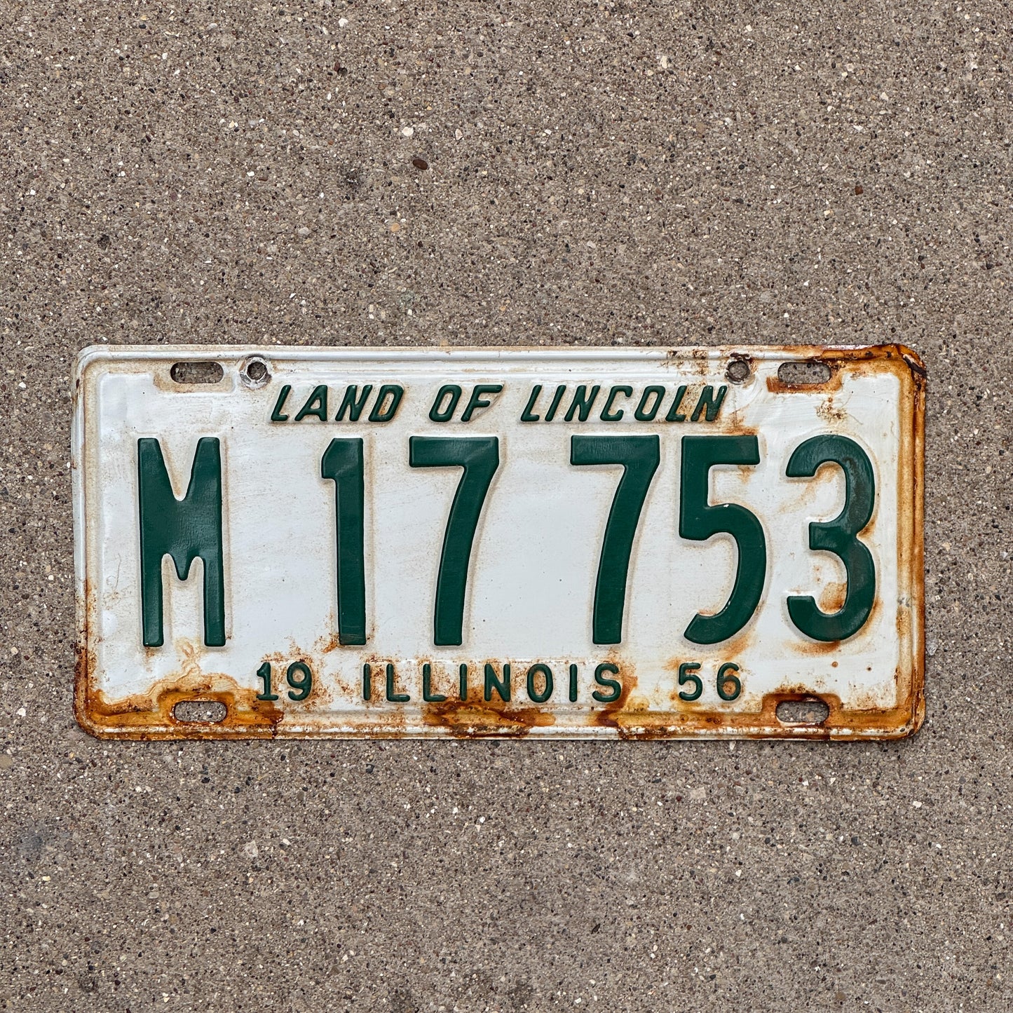 Photo of a 1956 Illinois Municipal License Plate Auto Tag 2 Vintage Garage M 17 753 with original patina