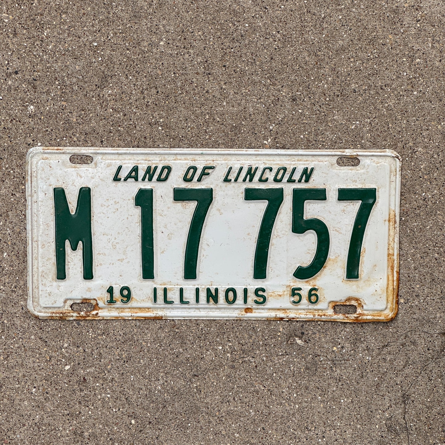 Photo of a 1956 Illinois Municipal License Plate Auto Tag 2 Vintage Garage M 17 757 with original patina