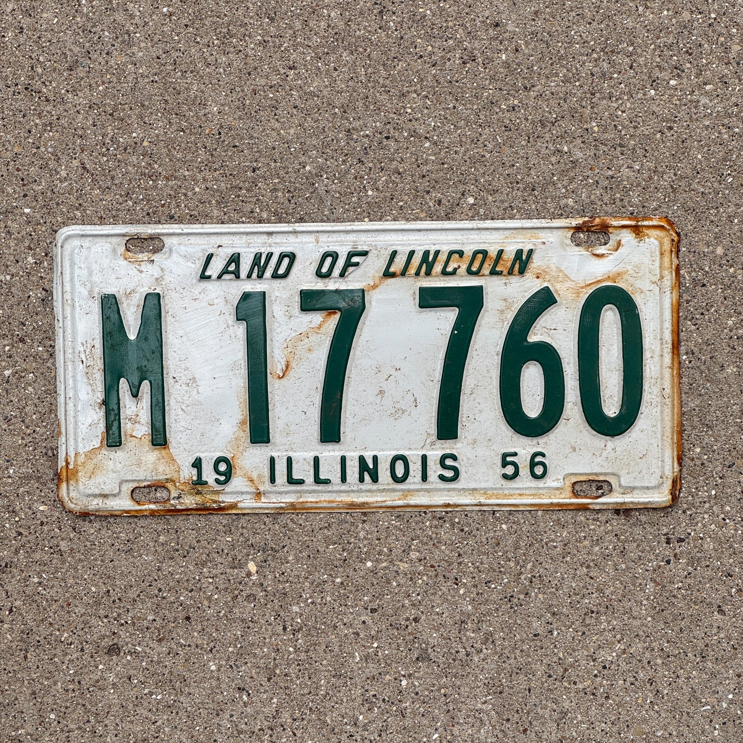 Photo of a 1956 Illinois Municipal License Plate Auto Tag 2 Vintage Garage M 17 760 with original patina