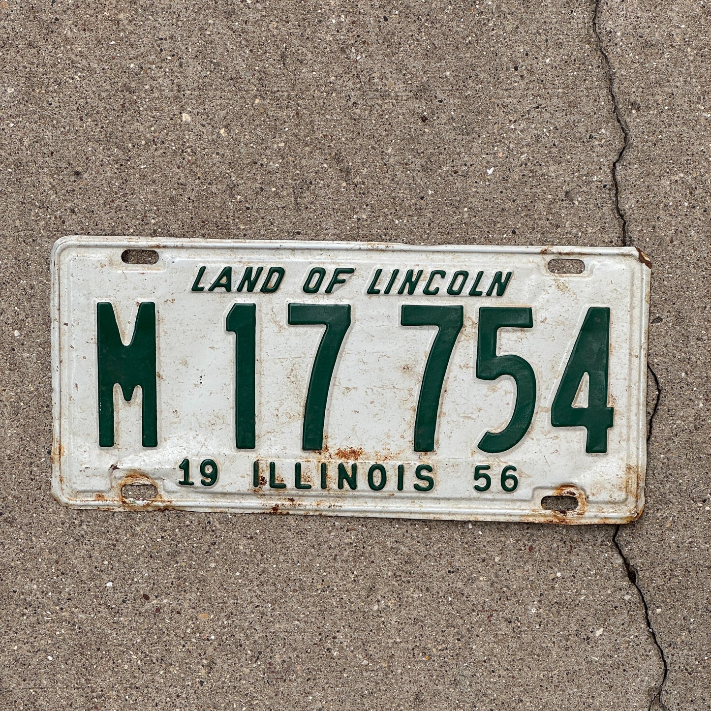 Photo of a 1956 Illinois Municipal License Plate Auto Tag Garage Decor Vintage M 17 754 with original patina