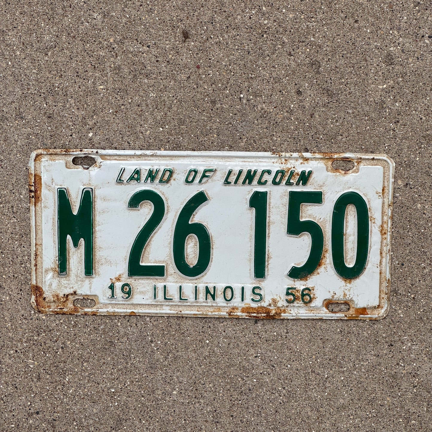 Photo of a 1956 Illinois Municipal License Plate Auto Tag Garage Decor Vintage M 26 150 with original patina