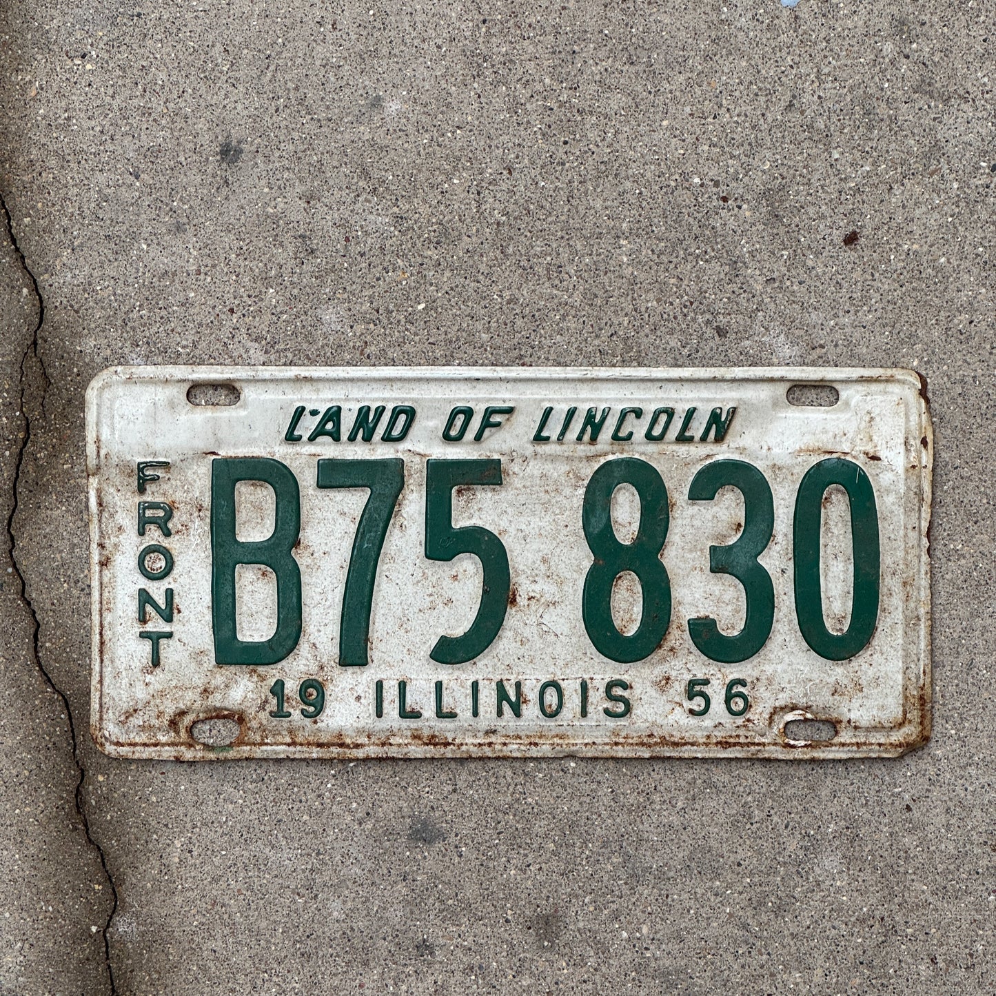 Photo of a 1956 Illinois Truck License Plate Auto Tag 2 Vintage Garage Front Plate B 75 830 with original patina